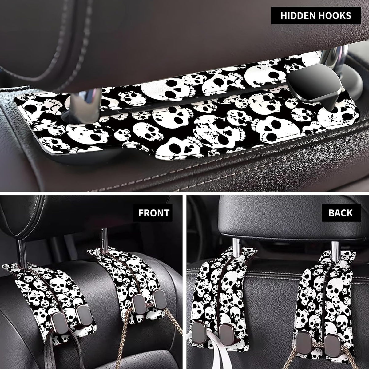 Car Seat Back Storage Headrest Hook, Premium Leather Double Metal Hook, Hanger Storage Organizer for Purse Cloth Bag, Car Interior Accessories Black White Skulls