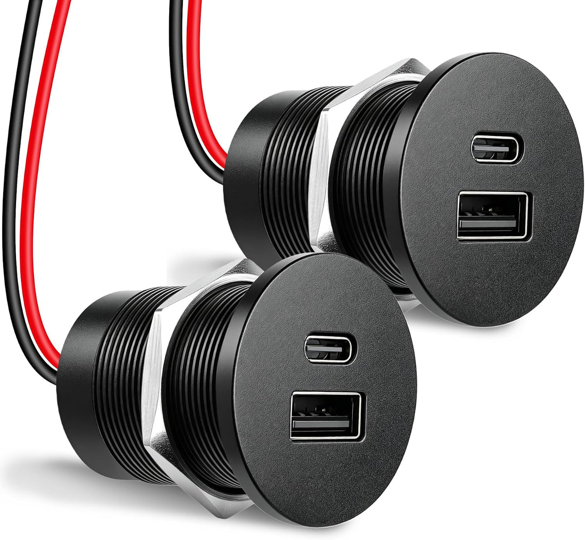 12V USB Outlet Wired USBC Charger Small Size, All Aluminum PD3.0 Type C 30W and QC 3.0 Type A 18W Car Dual Port Socket Fast Charging Station,Cigarette Lighter Replacement for Car Internal (1 PACK)