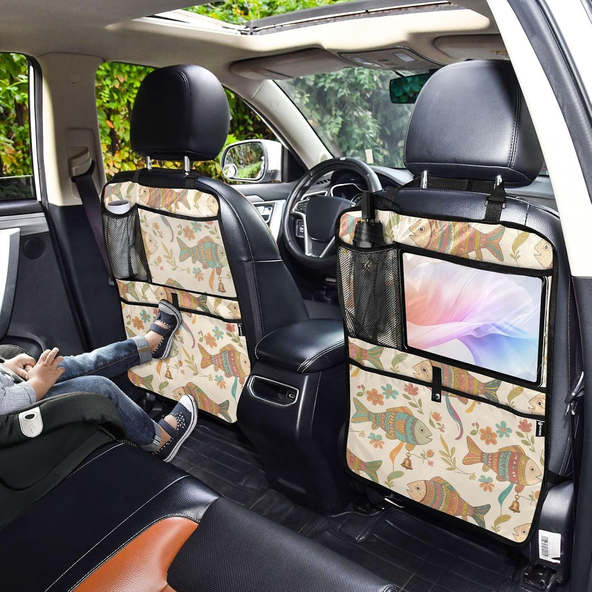 Car Back Seat Organizer with Fish Pattern, Multi-Pocket Storage Bag, Beige, Polyester, 25x18 Inch, Mesh Cup Holder, PVC Tablet Pocket, Kick Mat Protector