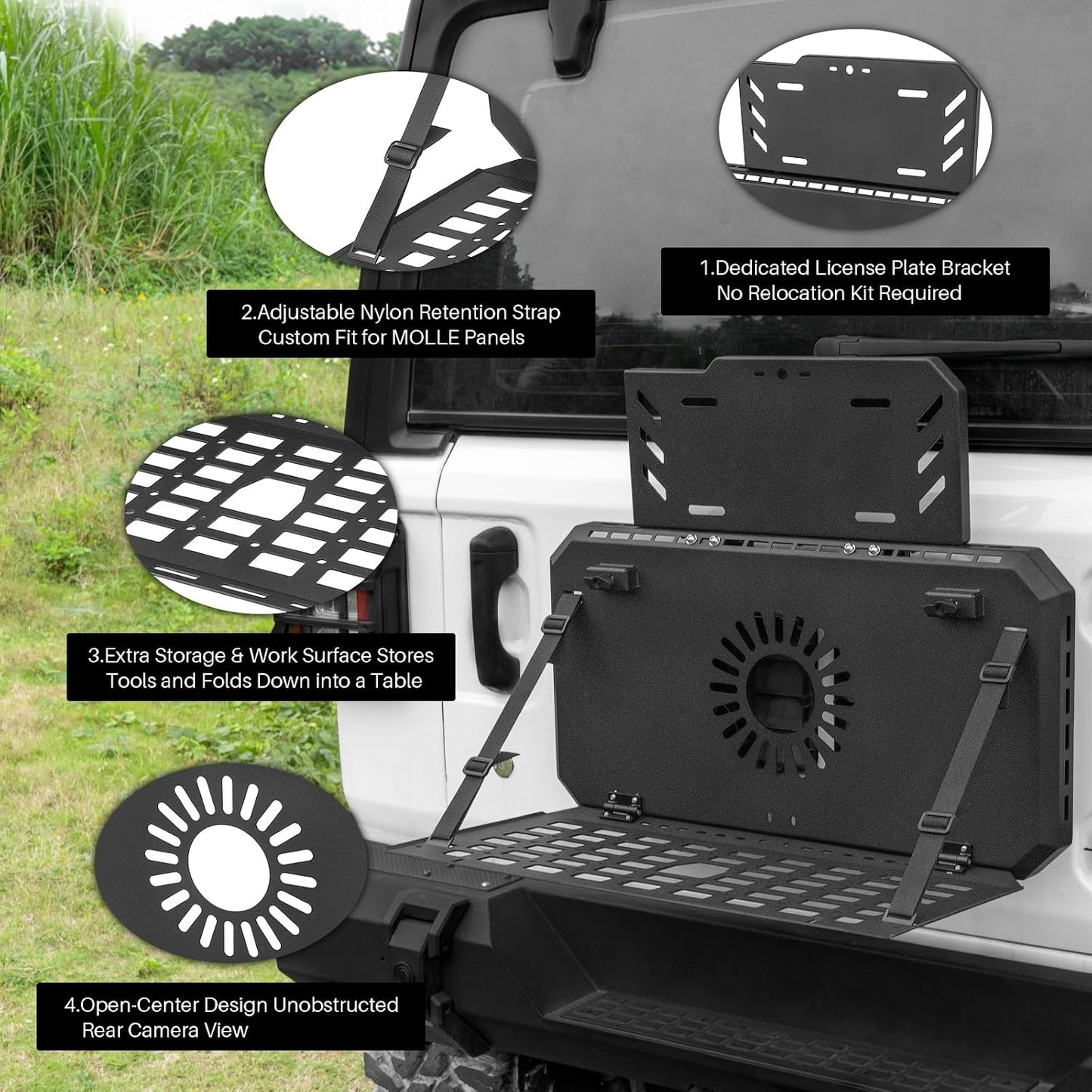 Spare Tire MOLLE Panel Modular Storage System for Jeep Wrangler JL JK & Ford Bronco (Excludes Sport Models), Heavy-Duty Metal Foldable Tailgate Table, Car Storage Organizer Panel Accessories