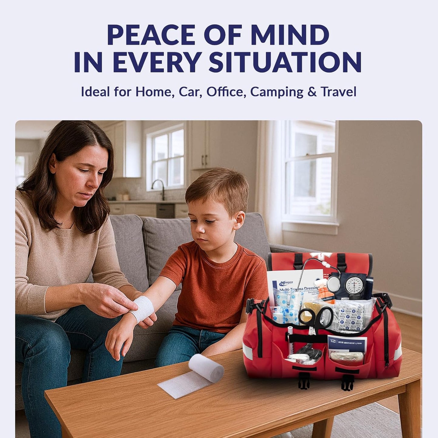 MFASCO Complete Emergency Response First Aid Kit Trauma Bag - 415 Piece Fully Stocked Supplies for Disaster Preparedness | for Business, Schools, Organizations, Groups, Home Safety (Reflective - Red)