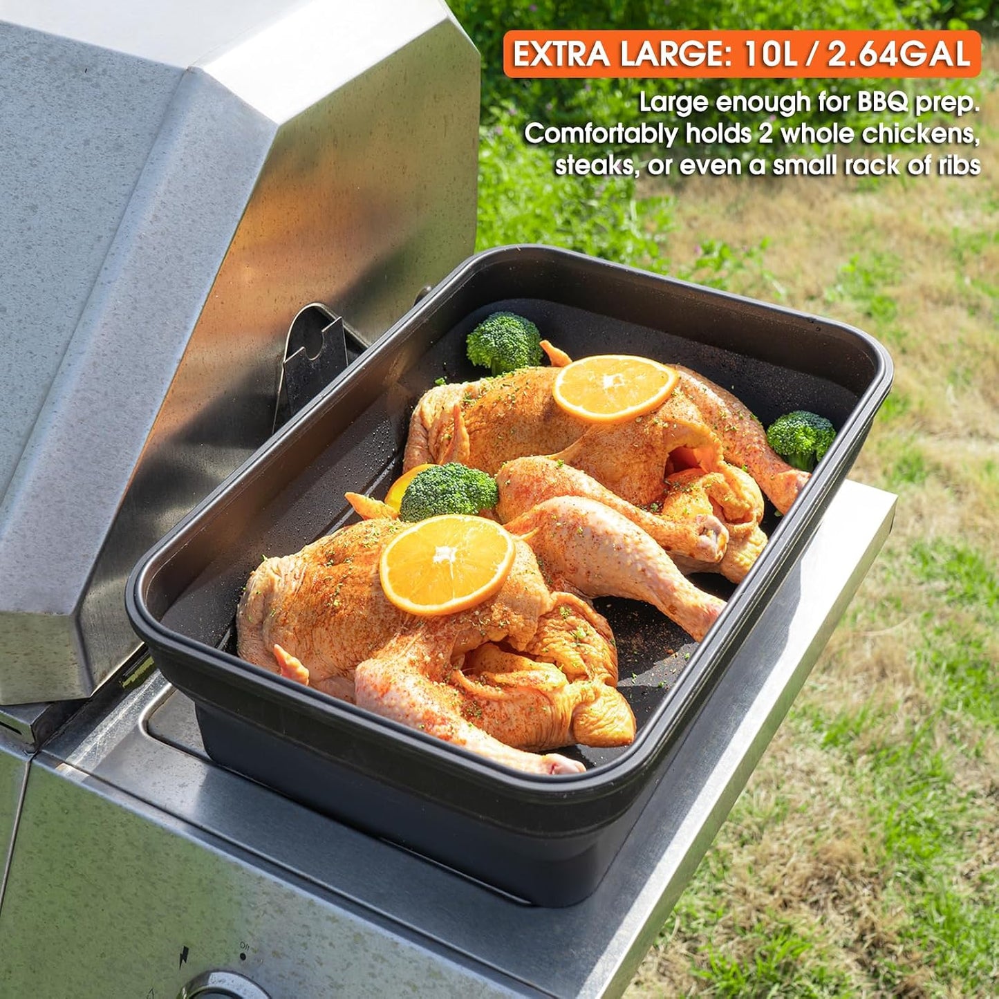 Silicone Collapsible Marinating Container with Lid for Meat, 2.64Gal/10L, 2 Pack Extra Large Collapsible BBQ Prep Tub, Transparent Locking Lid, XL Grill Prep Trays & Carry System, BBQ Must-Have, Black