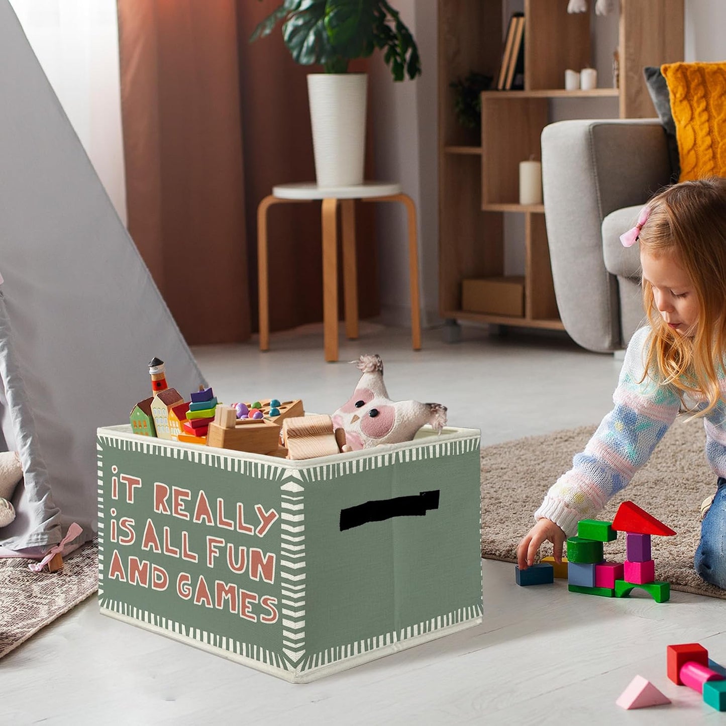 Retro Green Playroom Storage Bins & Boxes with Handles, Kids Foldable Basket for Organizing, It Really Is All Fun and Games Collapsible Storage Basket for Bedroom Bathroom Clothes Toys Books