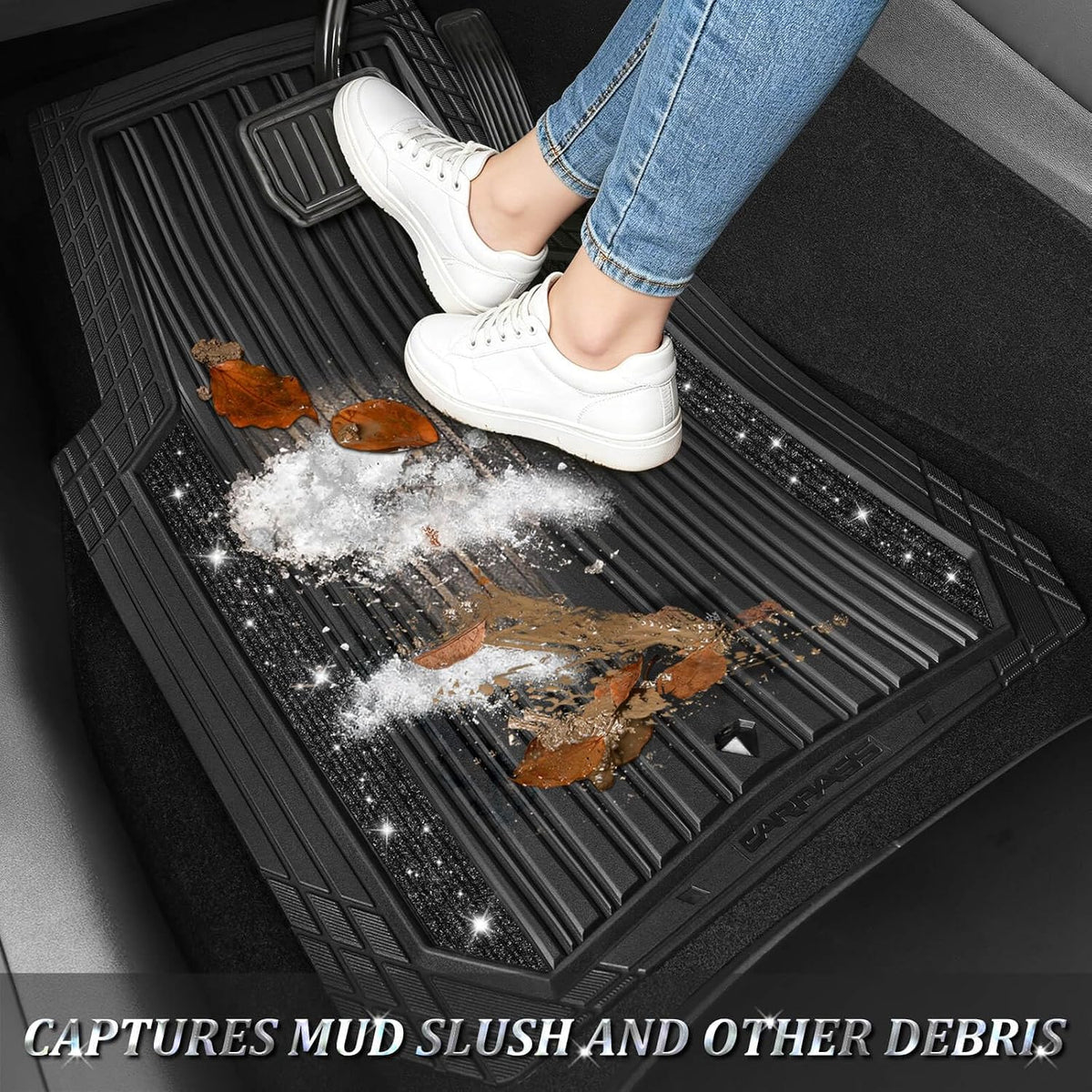 CAR PASS Bling Glitter Car Floor Mats Heavy Rubber Deep Water Proof, Black