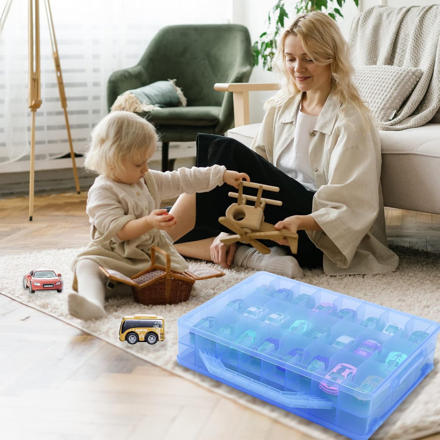 Double Sided Storage Case for 48 Cars, Matchbox Cars, Mini Toys, Small Dolls - Portable Transparent Case (Blue)