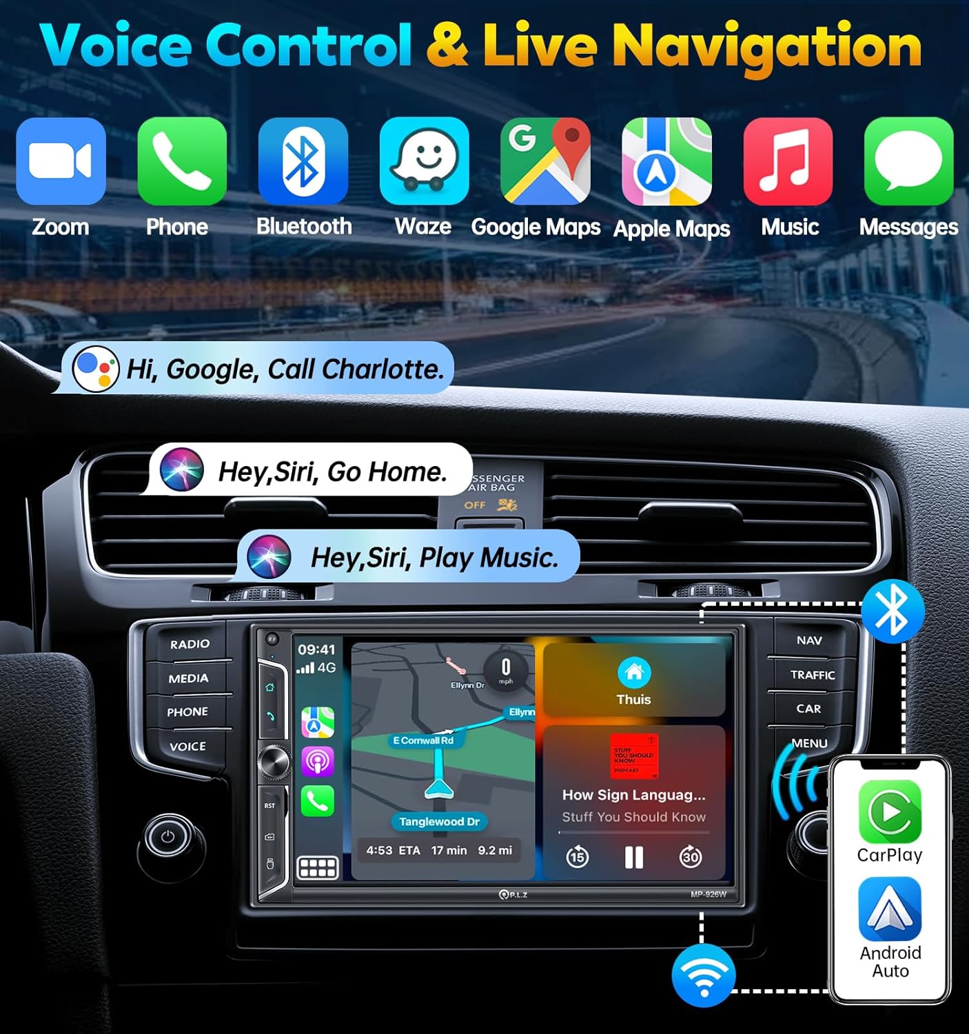 PLZ 7" Wireless Double Din Car Stereo Apple Car Play Radio Carplay Android Auto QLED Touch Screen, Bluetooth 5.3 Audio Receivers, 1080P Backup Camera, 4.2 Channel Outputs 240W, 2 Subwoofer, FM/AM, SWC