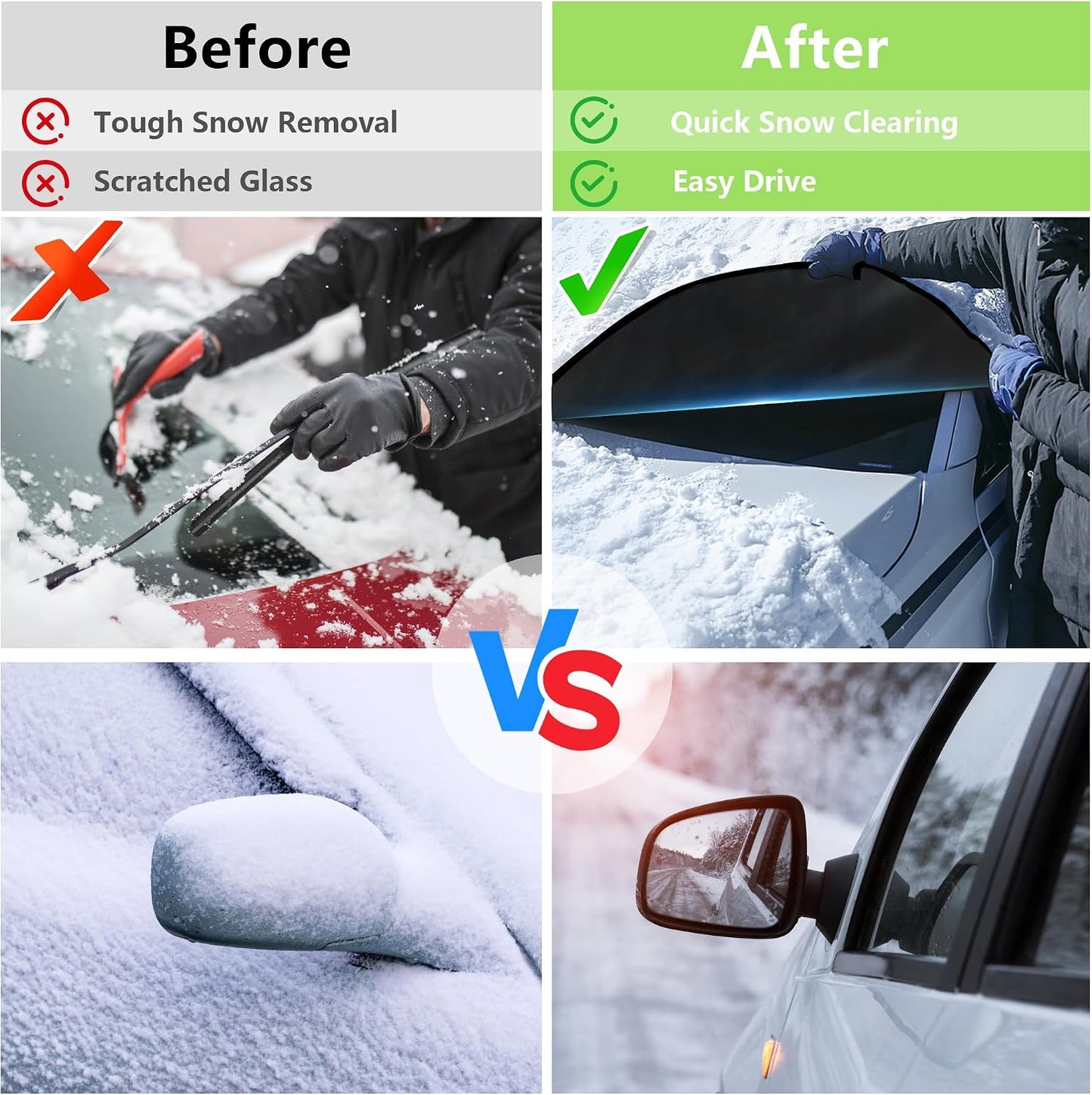 KXQ Car Windshield Cover for Ice and Snow, Enhanced-600D Oxford Fabric Windshield Snow Covers, Windshield Cover for Snow Fits Most Small to Mid-Size Sedans and SUVs (63 x 47.5 Inch)