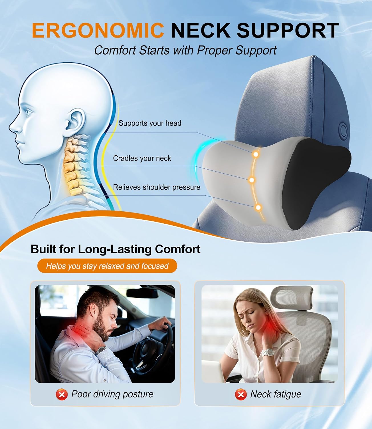 Allaboutsla 2-Pack Car Neck Pillow, Car Headrest Pillow for Neck Support | Memory Foam Car Neck Pillow for Driving with Neck Support, Adjustable Strap, Head Rest Pillow for Drives, Trucks, Gray&Black