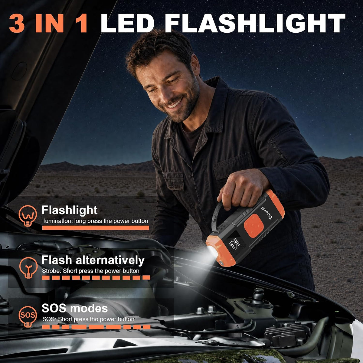 8000A Jump Starter with Air Compressor, 10-in-1 Car Battery Jump Starter Shiny Orange for Up to 10.0L Gas & 9.0L Diesel Engines, 150PSI Tire Inflator with Auto Shut-Off, LED Emergency Light