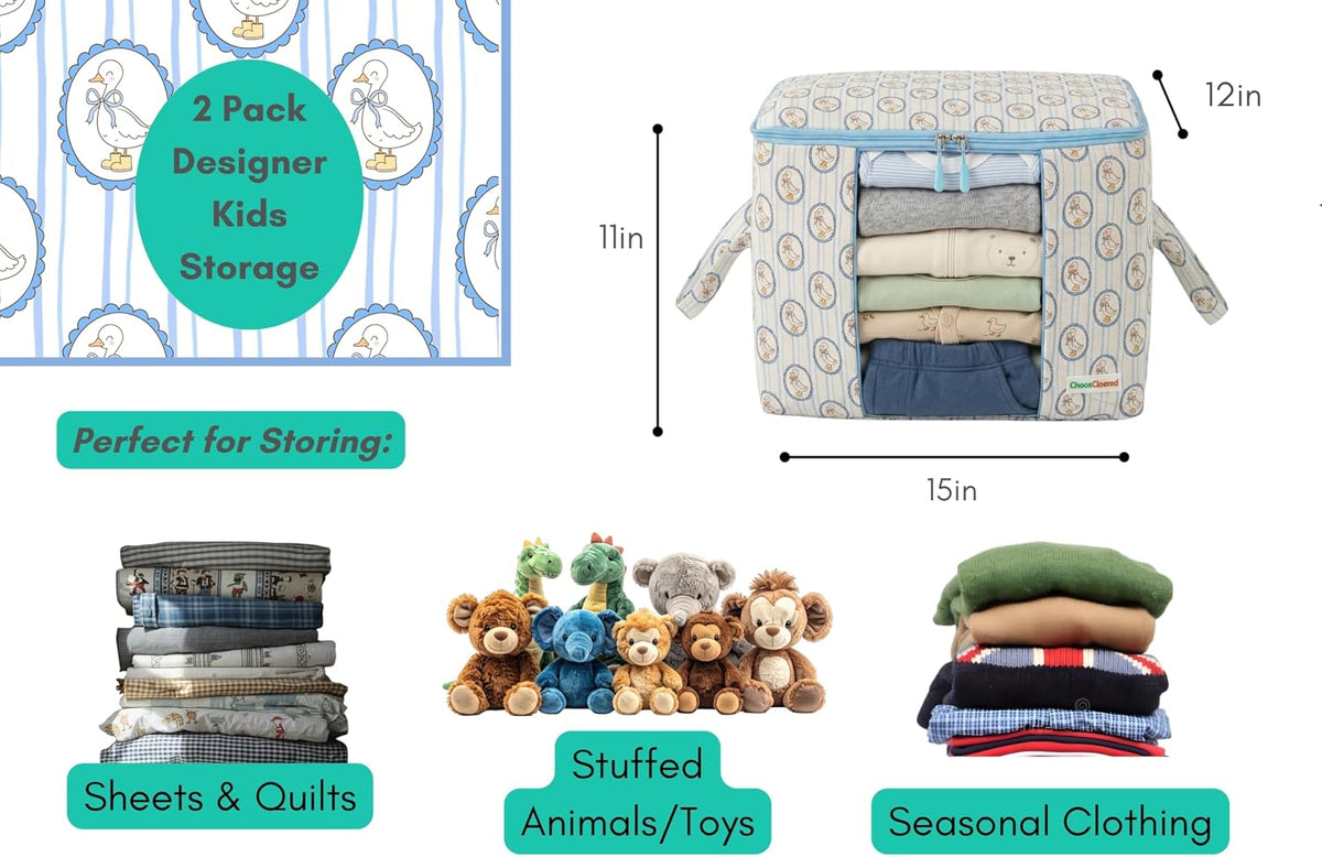 Chaos Cleared Kids Storage Bags – 100% Cotton Canvas Toy & Clothes Organizer with Cute Design – Storage Bin for Stuffed Animals, Baby Items & Clothes with Zipper & Handles (Blue Duck Print)