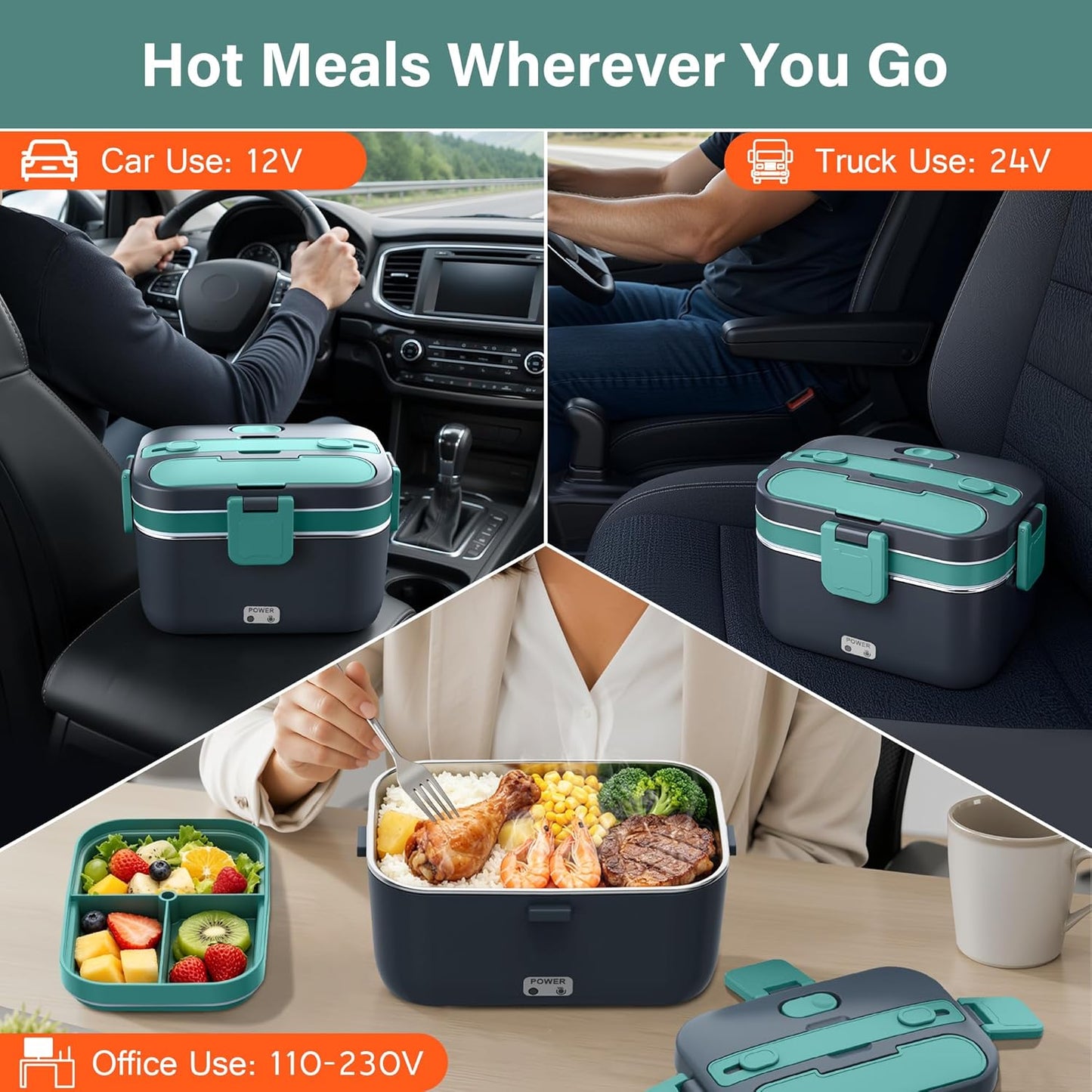 2.8L Electric Heated Lunch Box - 100W Portable Food Warmer for Adults, Leak-Proof & Dishwasher-Safe, Ideal for Car, Truck, Travel, Work, Gift for Men & Women