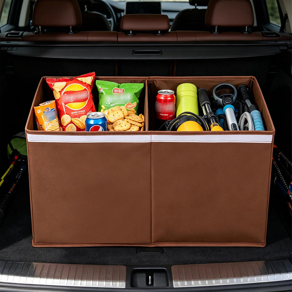 AOKJOY Car Trunk Organizer with Lid, LL, Brown, 600D Oxford Cloth, Collapsible, for Automobiles, 26x13x16 Inches, 83 Liters