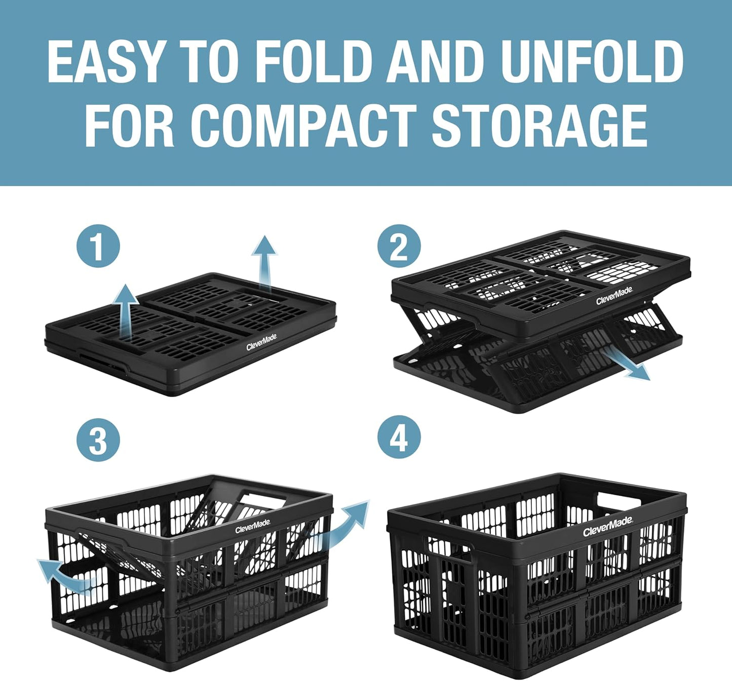 CleverMade Collapsible Utility Crate 45L Foldable Plastic Crate with Heavy Duty 66 lb Capacity for Storage, Trunk Organization, & Moving - Obsidian