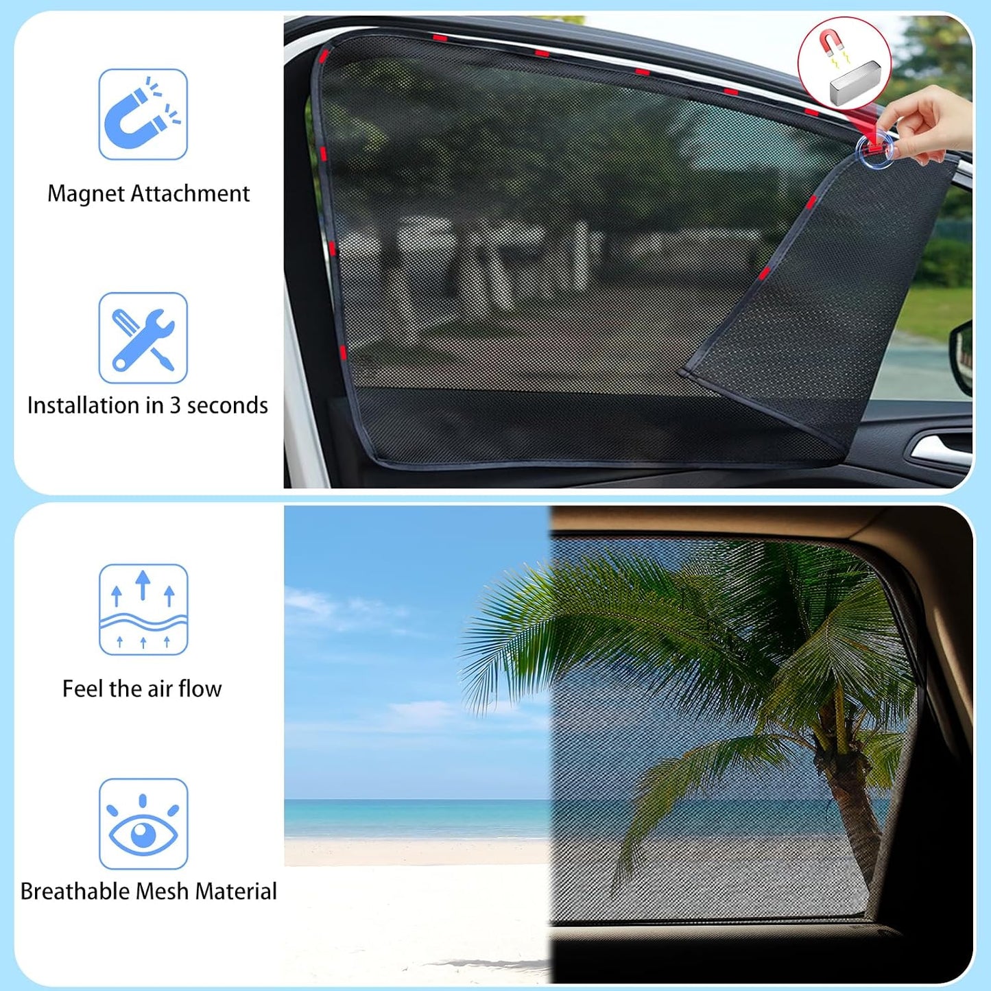 ZATOOTO Car Side Window Sun Shade 4 Pack, Window Shades for Baby Magnetic Mesh Sun Shade Protection from Heat and UV for Sleeping, Camping, Breastfeeding