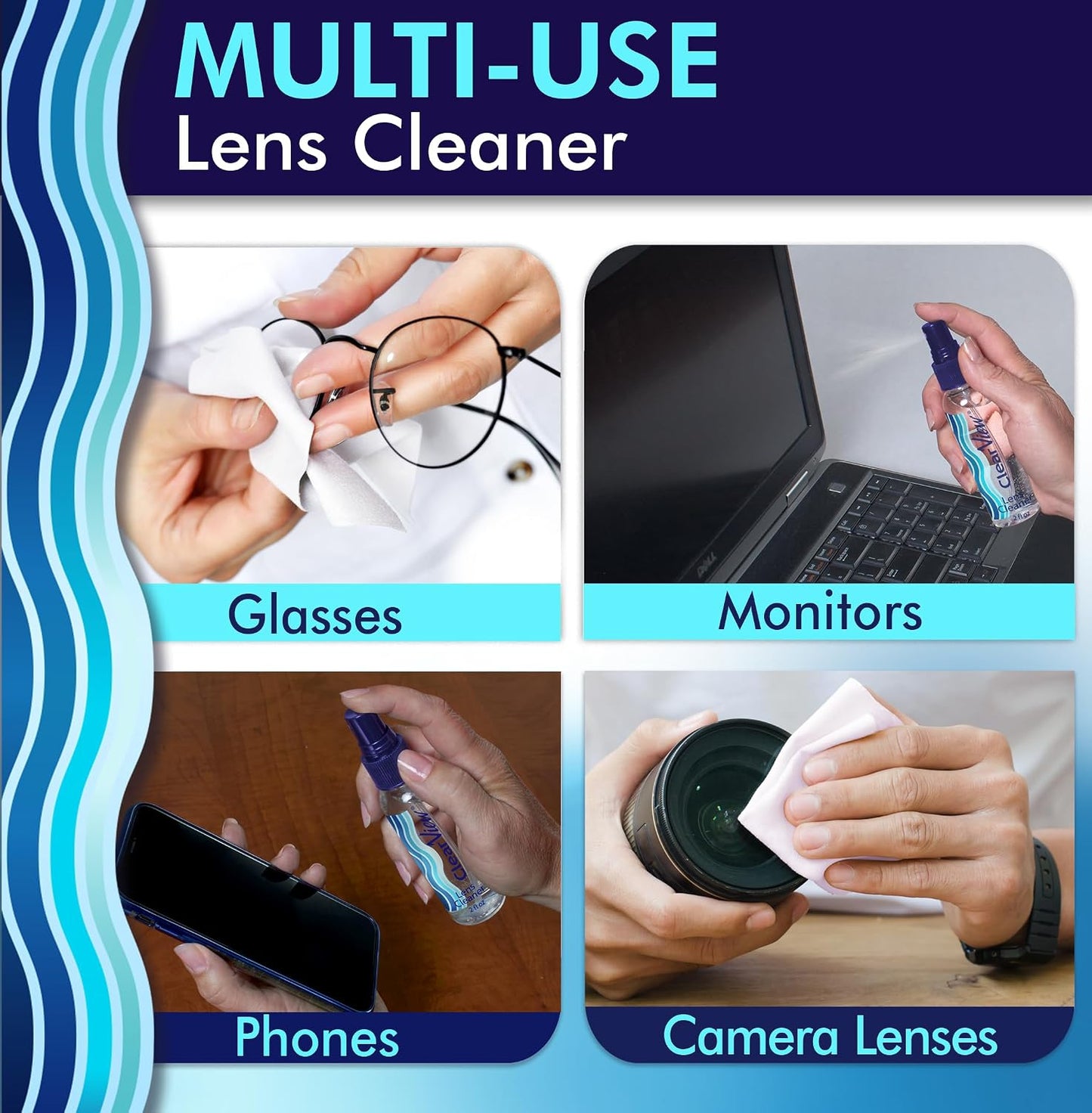 Clear View Lens Cleaner Kit – 4 Bottles + 4 Microfiber Cloths | Streak-Free Eyeglass & Screen Cleaning Spray | Safe for AR & Blue-Light Lenses | 8 oz + Travel Sizes