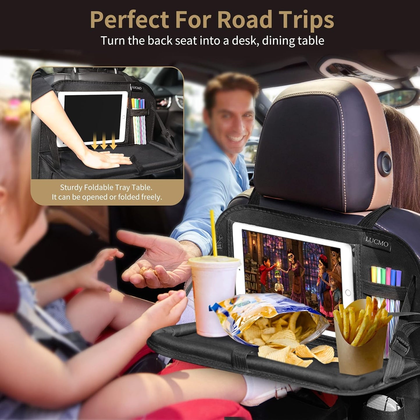 LUCMO Car Backseat Organizer with Foldable Tablet Holder, Black | 6 Storage Pockets,Foldable Food Tray,Protectors Kick Mats,Travel Accessories,Seat Cover,Road Trip Essentials