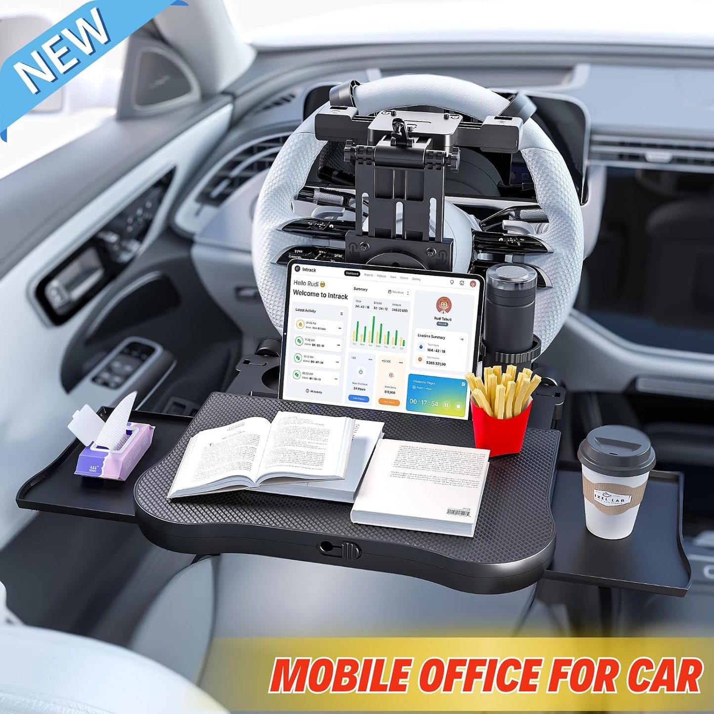 Large Foldable Backseat Tray Table, Car Laptop Desk with Cup Holder, Back Headrest Passenger Food Tray, Phone Tablet Holder, Multifunctional Travel Desk, Car Essentials for Kids & Long Road Trips