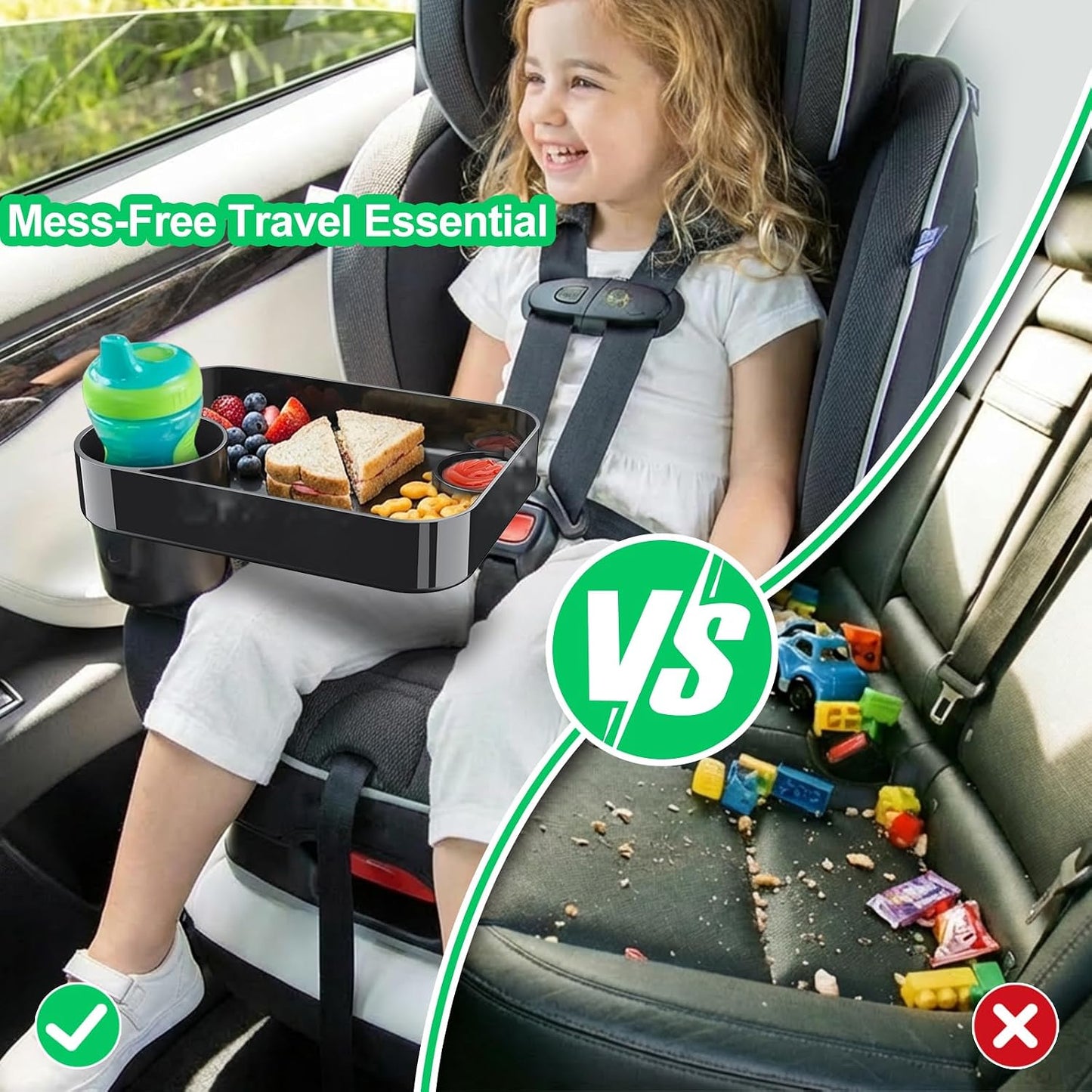 Car Seat Tray for Kids Travel, Carseat Tray for Food Toddler, Car Seat Table Tray, Car Seat Cup Holder Snack Tray for Graco, Evenflo, Chicco, Rotatable Removable Family Road Trip Essentials - Black