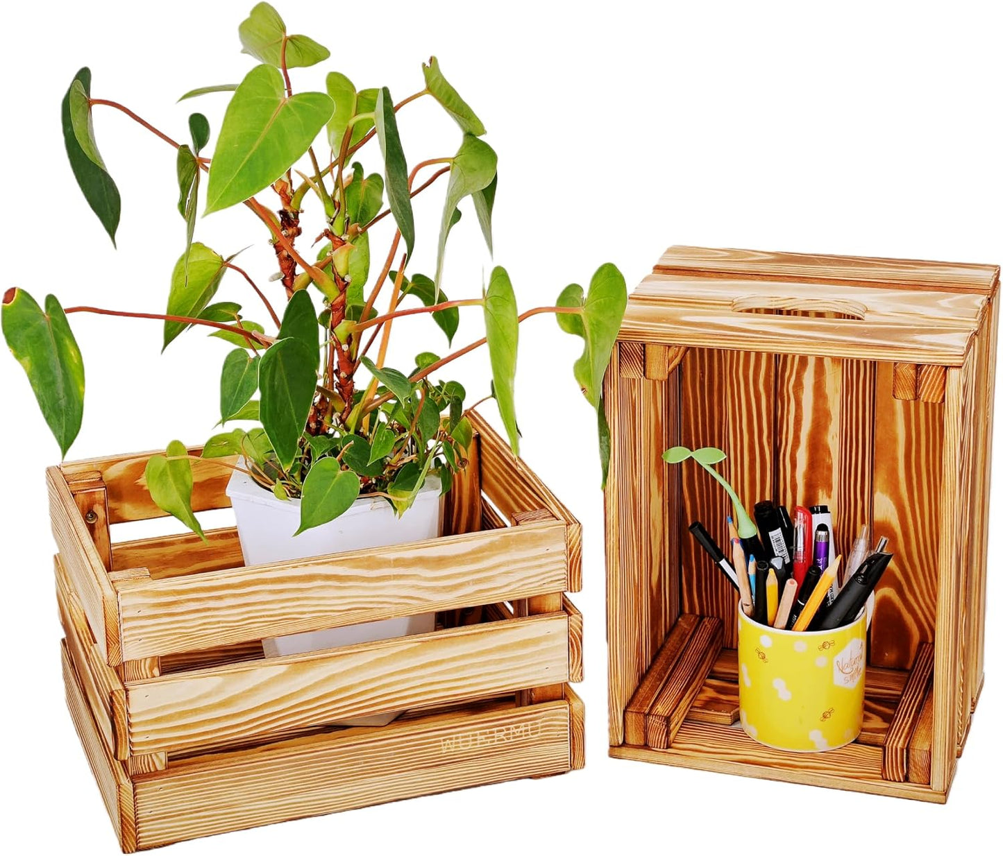 Flame-Treated Wood Crates, Rustic Brown Storage Boxes Set of 4 for Organization, Tool Storage, Wine or Camping, 12.2 Inch Multi-Purpose Crate.