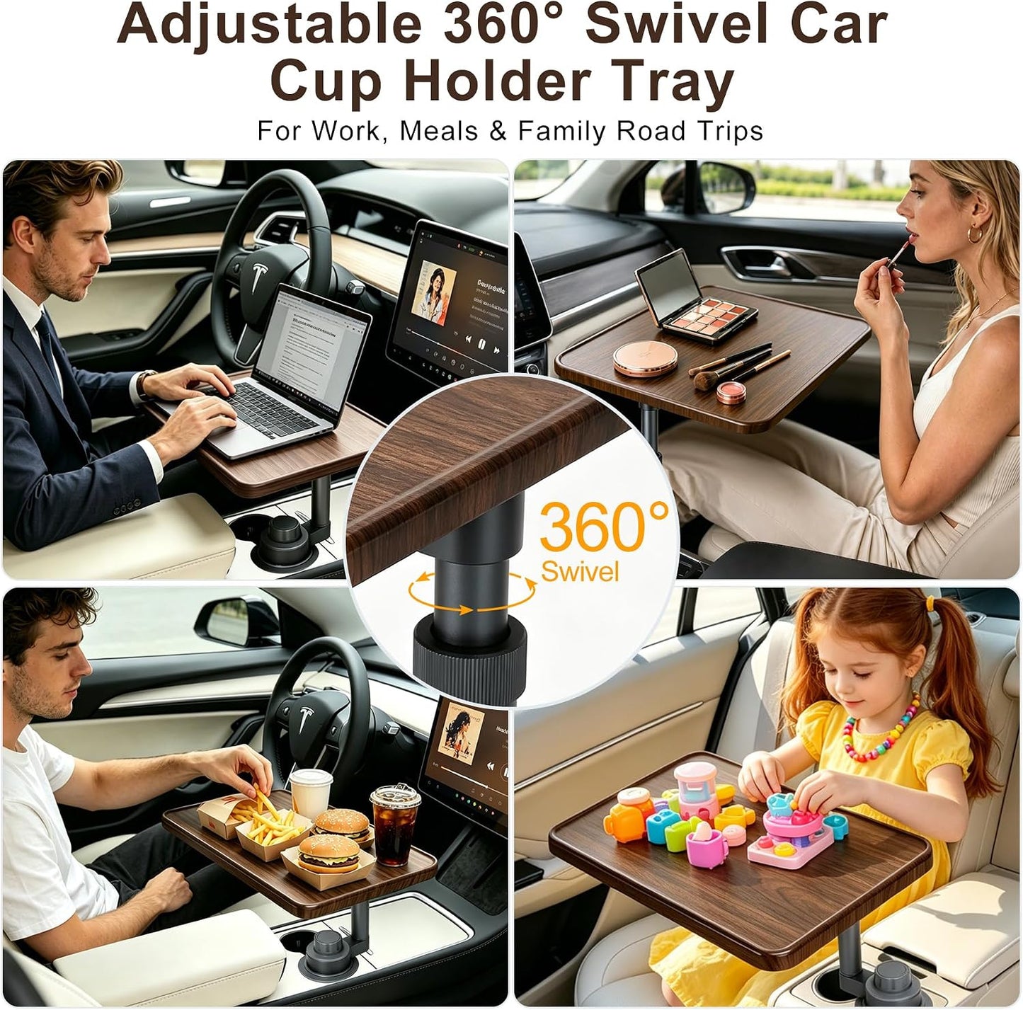 Car Desk for Laptop & Dining, 360° Swivel Height Adjustable Cup Holder Tray | Tool-Free Car Food Tray, Heat-Resistant Wood Tabletop, Fits 2.75–3.85" Cup Holders for Cars, SUVs, Trucks & Road Trips