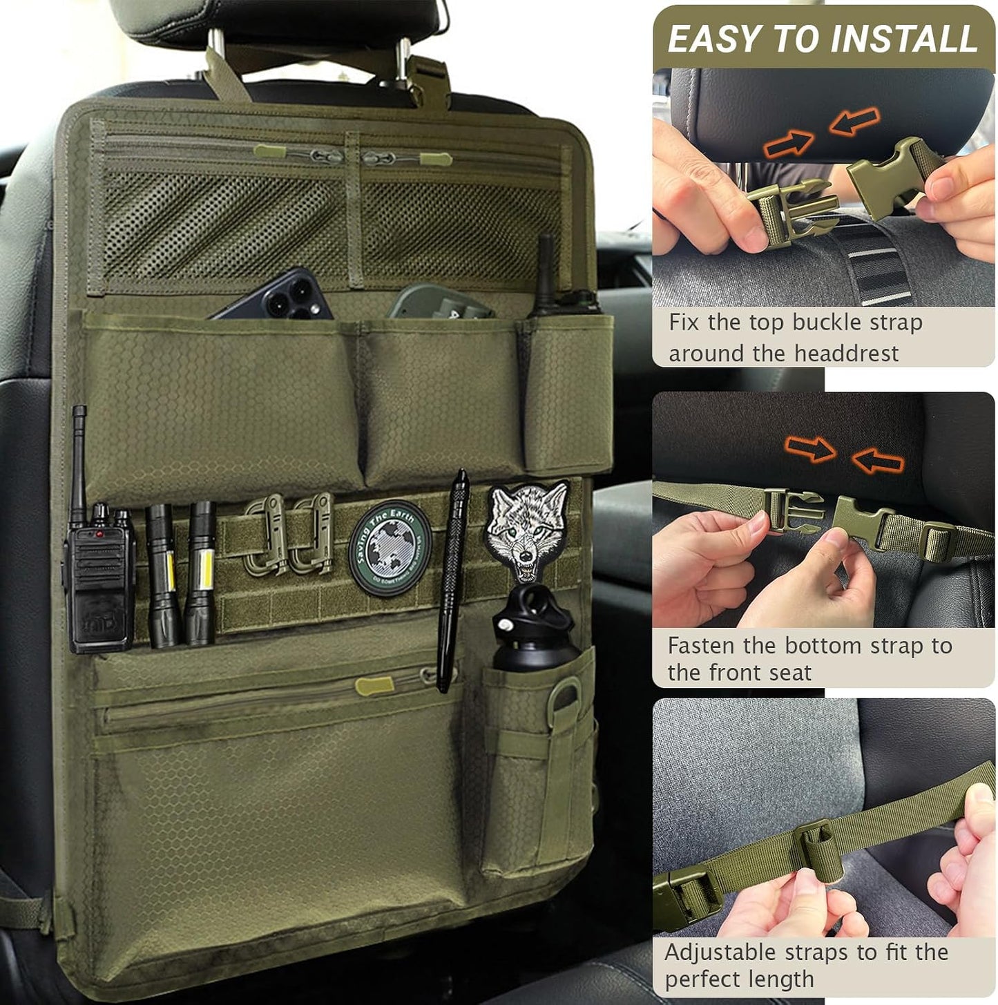 Tactical Car Seat Organizer with Multiple Pockets, MOLLE Panel System & Mesh Compartments, Durable Nylon Universal Vehicle Seat Back Storage with Cup Holder, Water-Resistant (Army Green)