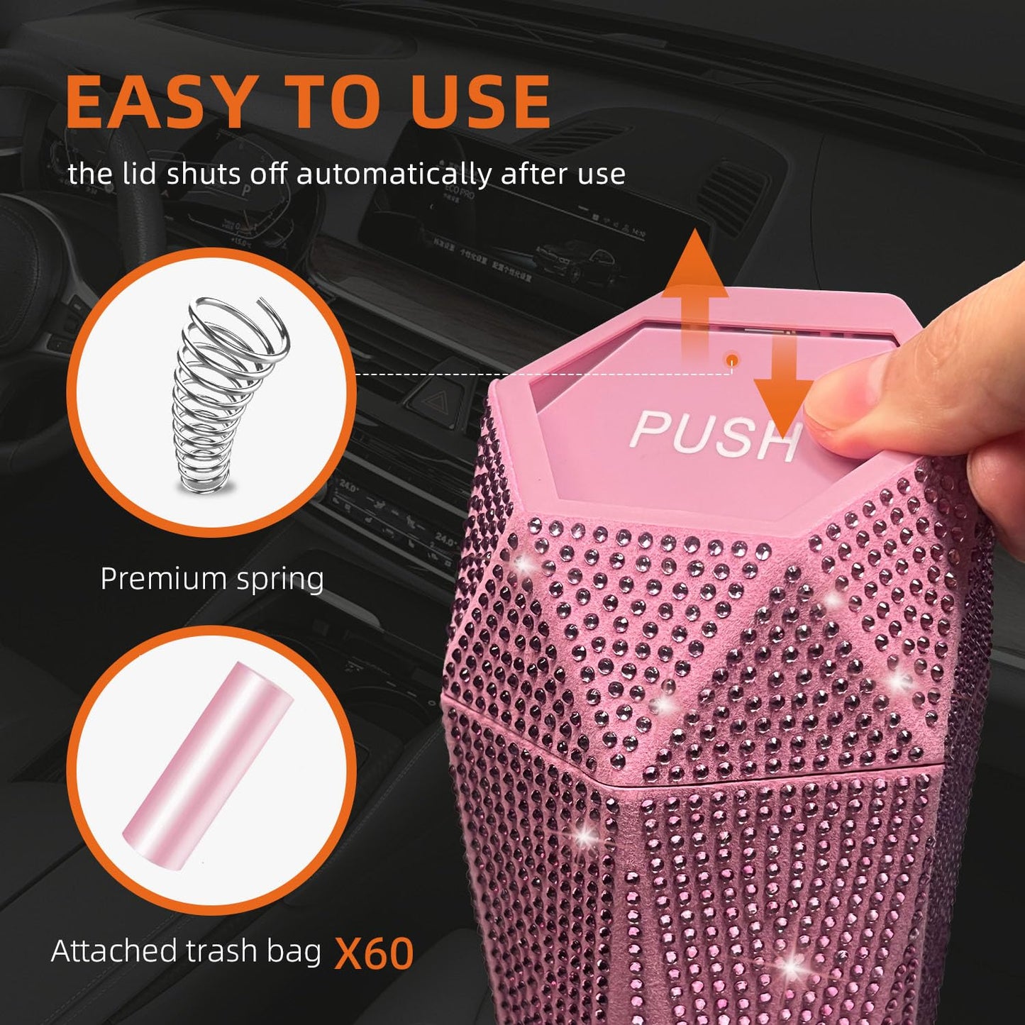 NBTEPEM Bling Car Trash Can with Lid, Bling Car Accessories Trash Bin, Leakproof Auto Garbage Can with 30 Trash Bags, Multipurpose Organizers and Storage for Home, Office (Pink Diamond)