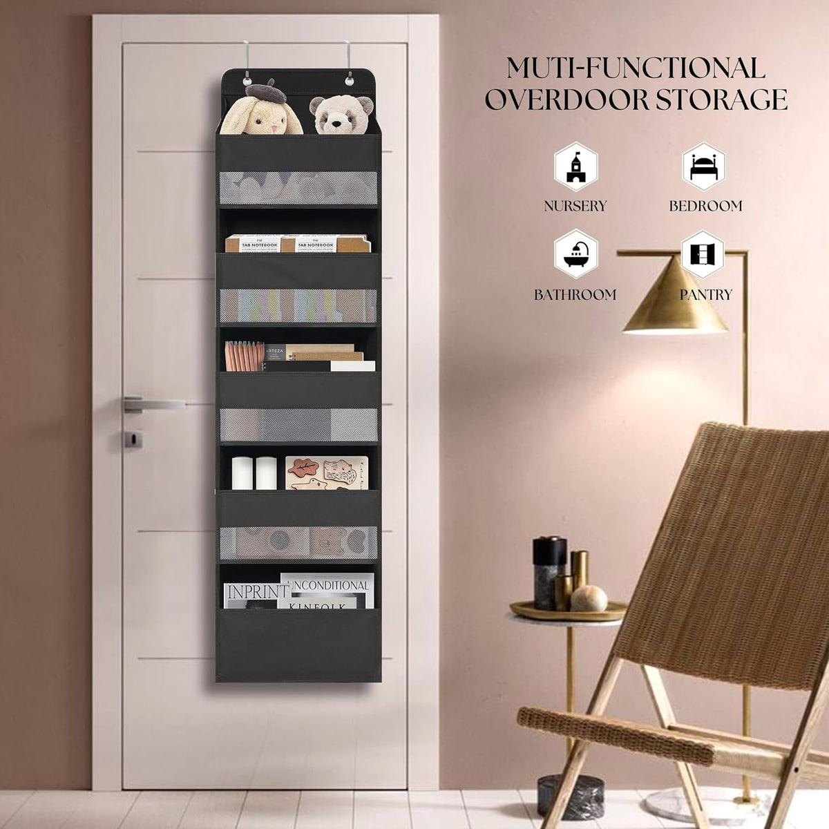TYMENSH Black Over Door Organizer with 5 Large Clear Pockets and 6 Side Mesh Pockets, Anti-Tilt Hanging Door Storage for Closet, Bathroom, Nursery, Bedroom, Dorm, Toys, Cosmetics