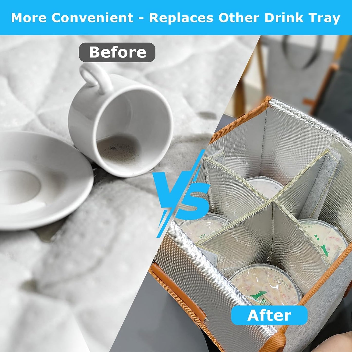 4 Cup Drink Carrier with Handle, Reusable Insulated Cooler Drink Bags for Car Cup Holder,Coffee Carrier Bag with Fixed Dividers, Portable for Car, Travel, Picnic Party, Food Delivery