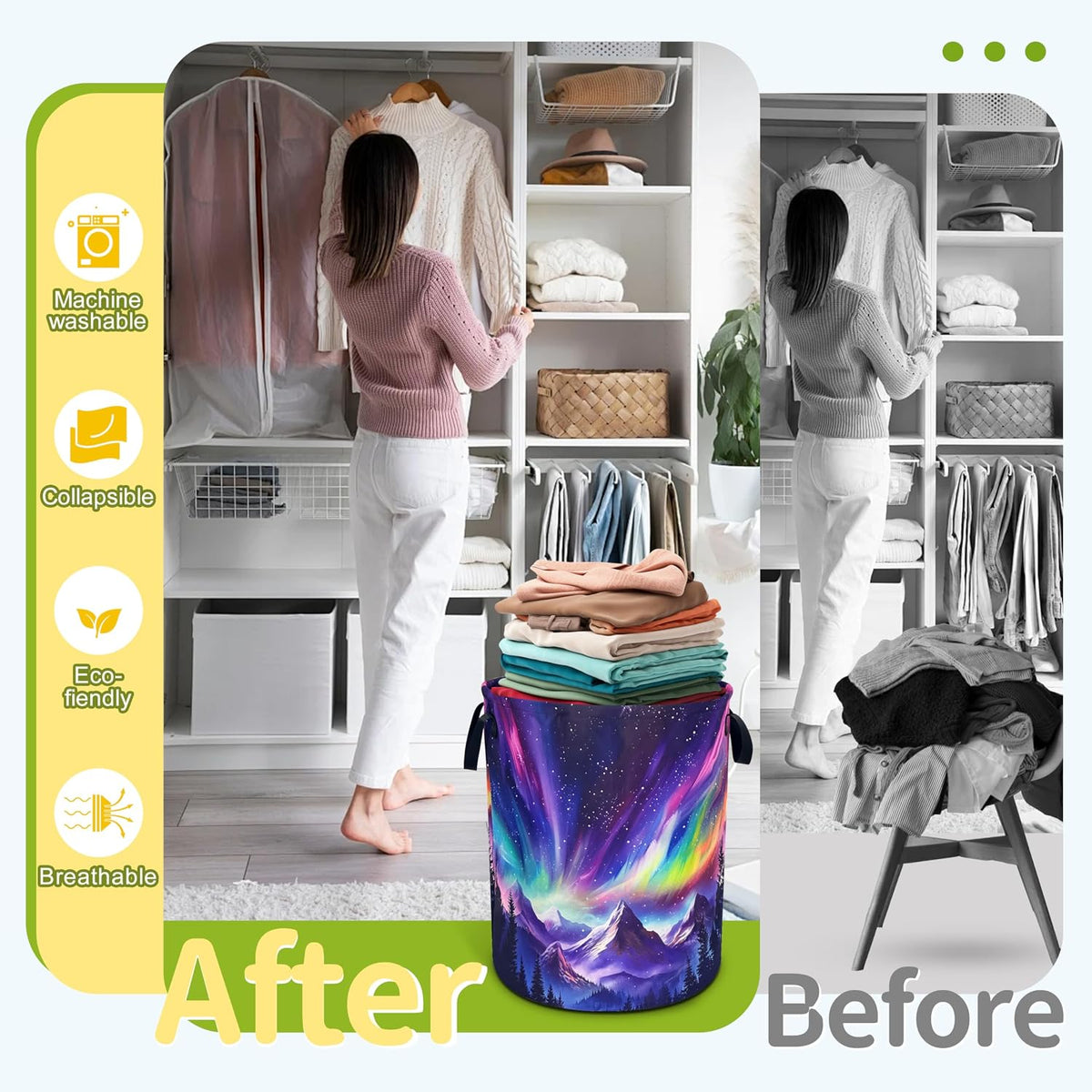 Aurora Mountains Laundry Basket Night Sky Forest Foldable Oxford Cloth