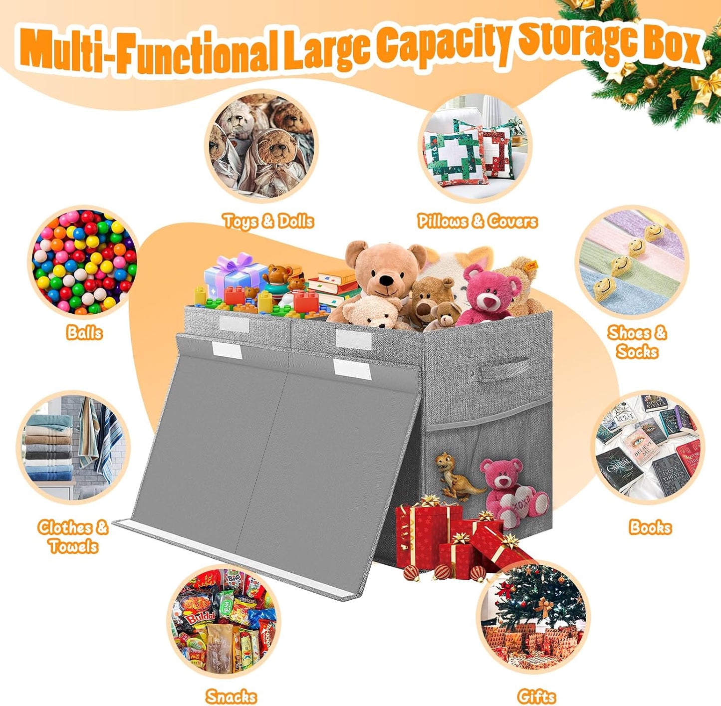 Rocamdo Large Toy Storage Box with Lid Divider, Sturdy Collapsible Toys Organizer Chest Kids Storage Bins Boxes Baskets for Boys, Girls, Nursery, Bedroom, Living Room, Playroom, 25"x13"x16", Gray