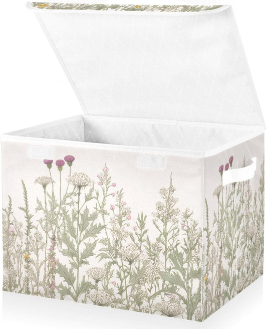 Vintage Colorful Herbs and Wild Flowers Floral Storage Bins with Lids and Carrying Handle,Foldable Storage Boxes Organizer Containers Baskets Cube with Cover for Home Bedroom Closet Office