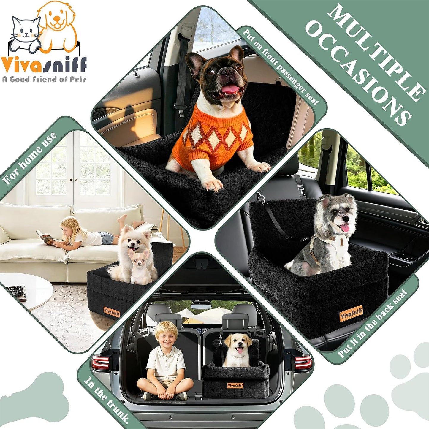 Dog Booster Car Seat for Small/Medium Dogs up to 100 lbs, 6" High Density Memory Foam Elevated Pet Car Bed Detachable and Washable with 2 Storage Pockets &amp; 2 Safety Belts (Black)