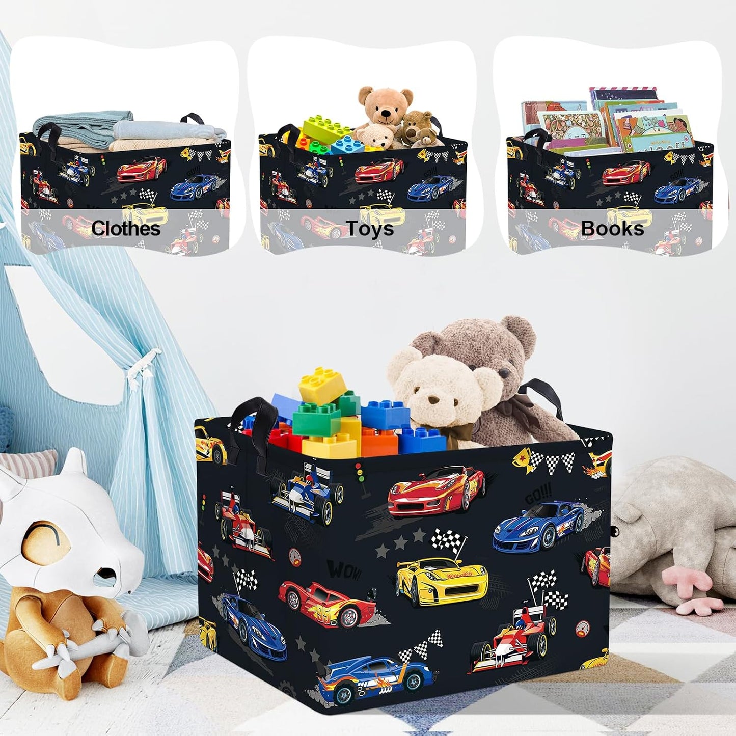 Clastyle Competitive Race Car Kids Book Storage Basket Checkered Flag Clothes Laundry Basket Parents Gift Toy Box for Bedroom Shower, Grey, 40x30x30 cm