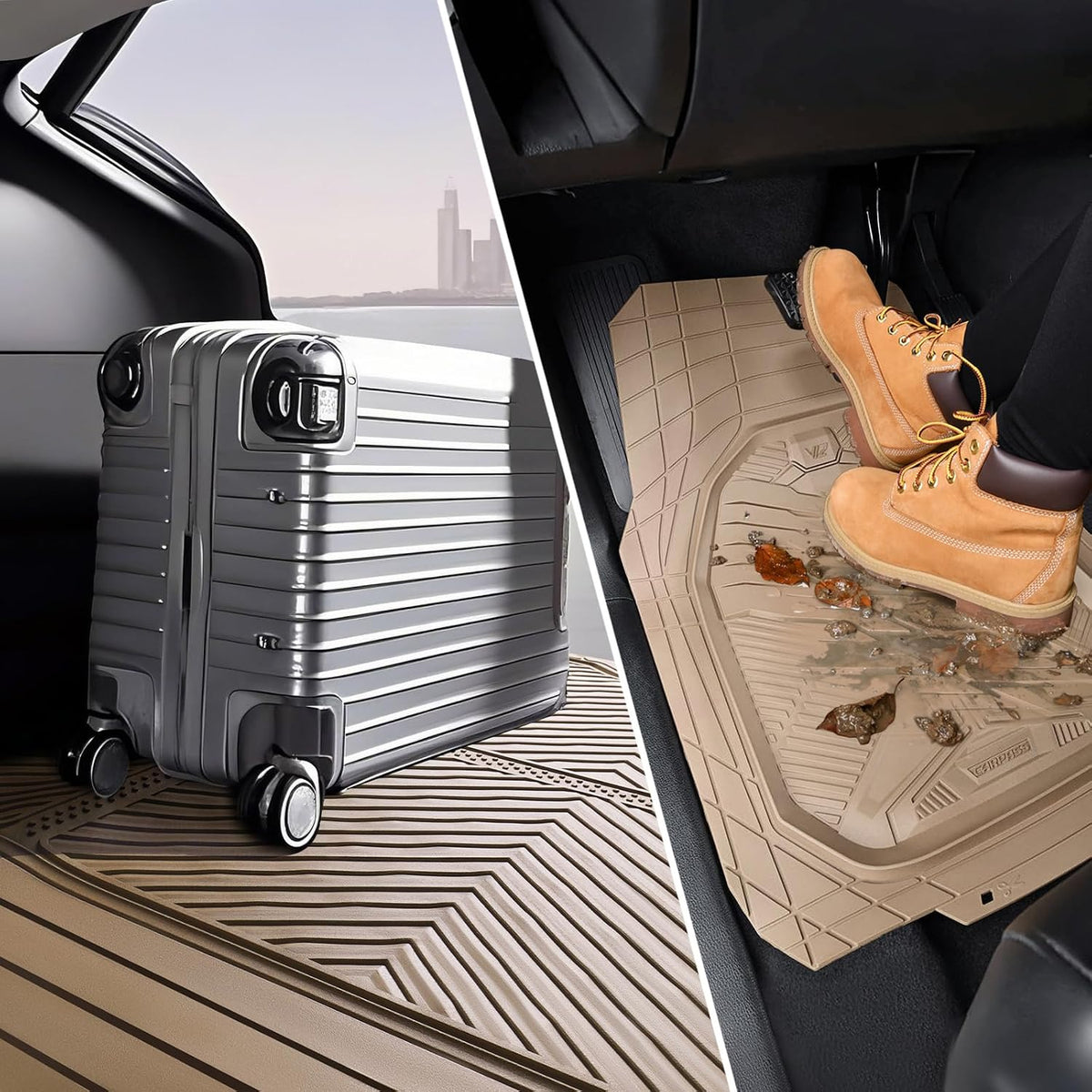 CAR PASS Heavy Duty Rubber Car Mats with Cargo Liner, Deep-Dish Car Floor Mats and Trunk Mat All Weather, Universal Trim-to-Fit for SUVs Trucks Sedans, Waterproof Anti-Slip, Trimmable V12 Beige