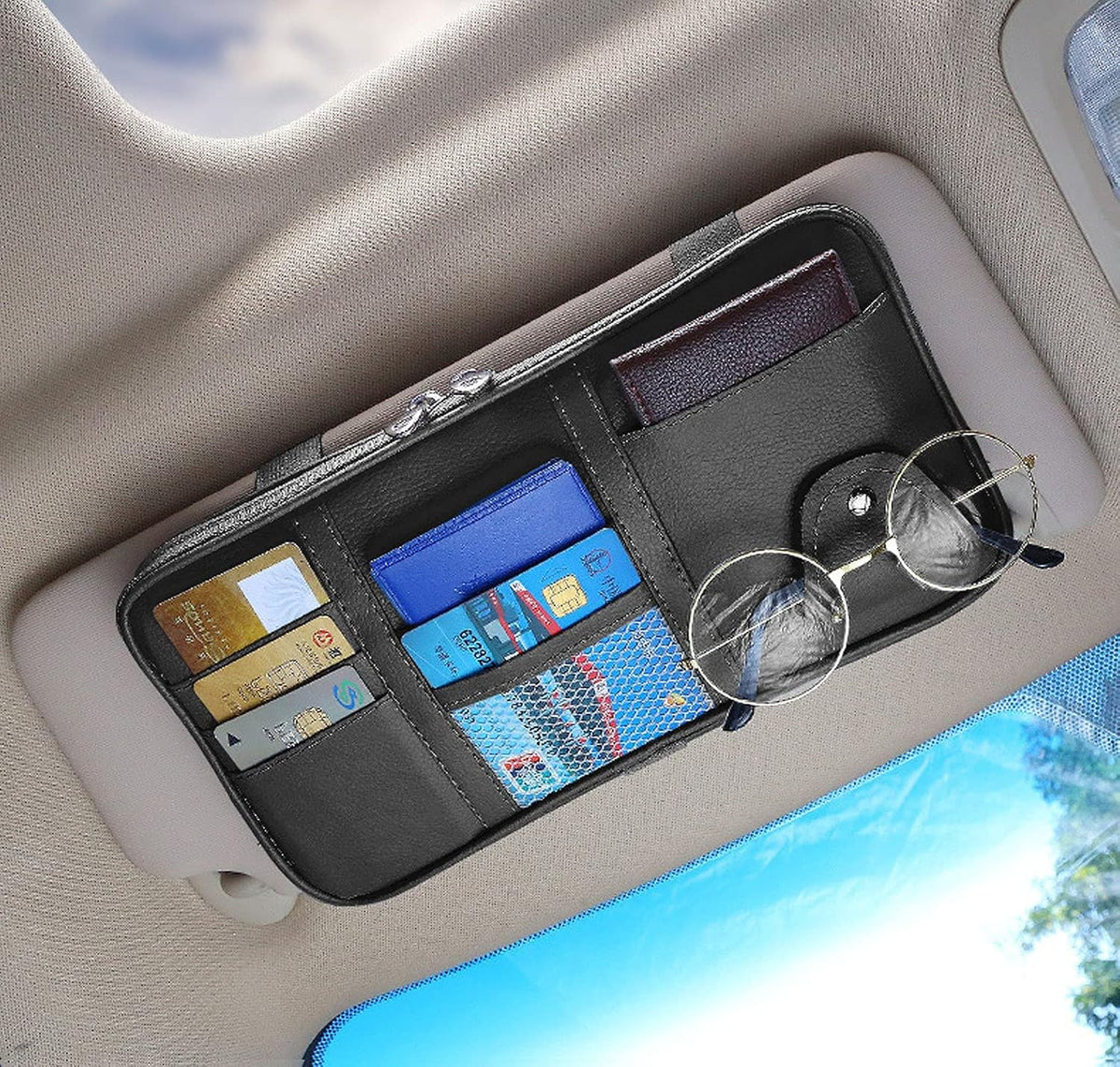 Da by Car Visor Organier Truck SUV Sun Visor Storage Pocket PU Leather Pouch Holder with Multi-Pocket Double Zipper Net Pocket, for Cards Pens Sunglasses Document (Black)