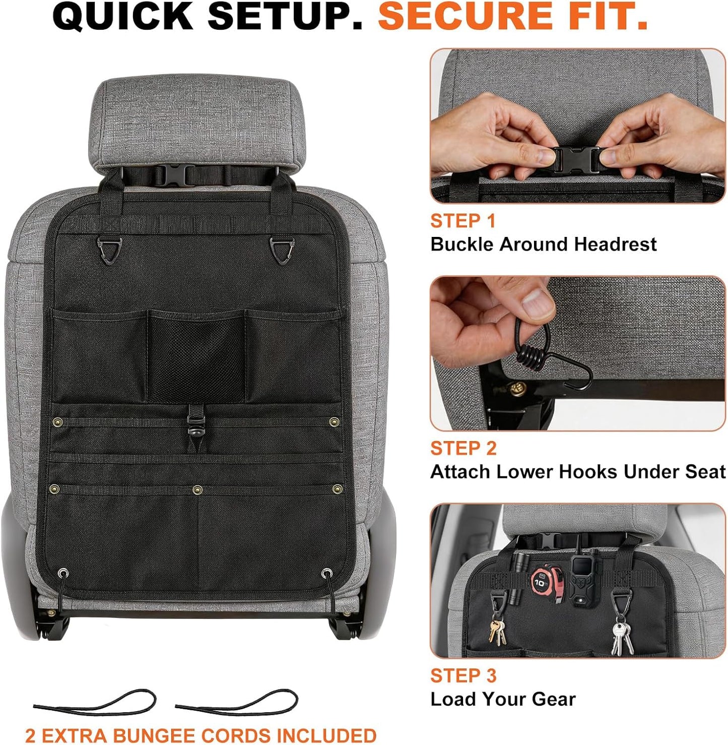 1 Pack Backseat Car Organizer, Heavy Duty Nylon Seat Back Organizer with 7 Storage Pockets, Anti-Swing Straps & Modular Webbing Panel for Cars, Work Trucks, SUVs, and Pickups