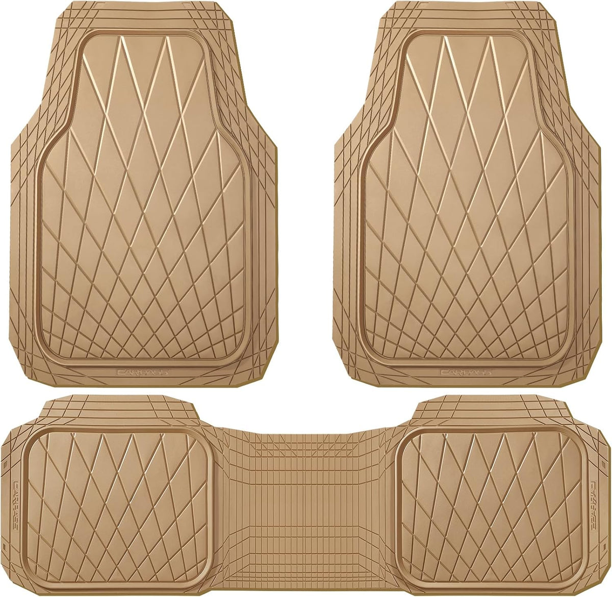 CAR PASS Heavy Duty Rubber Car Floor Mats, Deep Dish All Weather Car Mats Full Set, 3 Piece Waterproof Premium Anti-Slip Floor Mats Rugs Universal Trim to Fit for 95% Sedan SUV Van Truck, All Beige