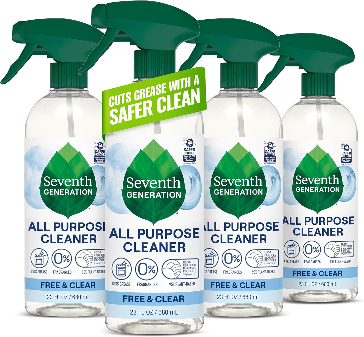 Seventh Generation All Purpose Cleaner, Free & Clear, 23 oz, Pack of 4, Plant-Based Cleaning Spray, Cuts Grease & Grime, No Fragrance or VOCs, Safe for Kids & Pets, Works on Glass, Sealed Wood & More