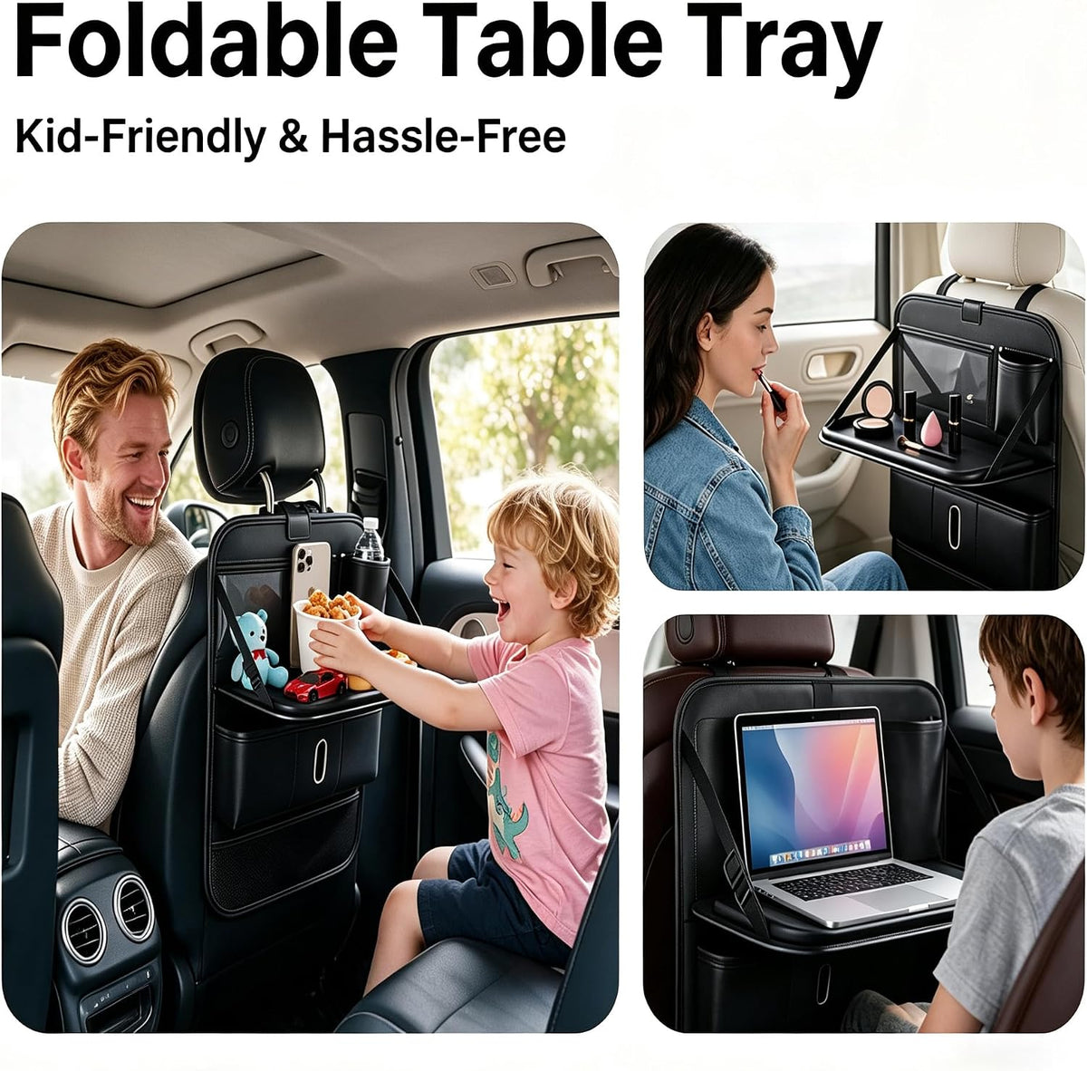 Universal Foldable Leather Car Backseat Organizer, Detachable Table Tray, Multi Storage Pockets, Tissue Cup Holder, Fits Cars SUVs Trucks Pickups For Travel Camping,1 Pack.