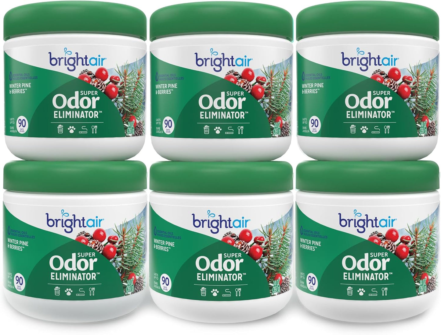 Bright Air 14 oz. Super Odor Eliminator, For Medium-Size Spaces, Winter Pine &amp; Berries Scent, Case of 6, Odor Eliminator &amp; Air Freshener, Natural Essential Oils, Lasts Up to 90 Days Each