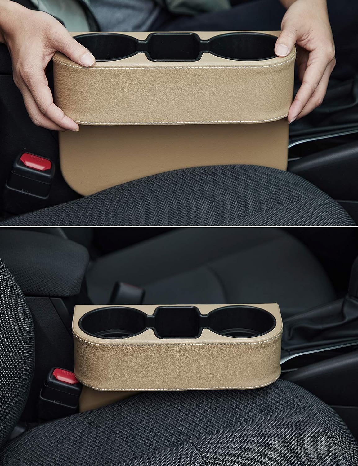 IOKONE Cup Holder for Car, Console Side Pocket, PU Leather Cover, Beige