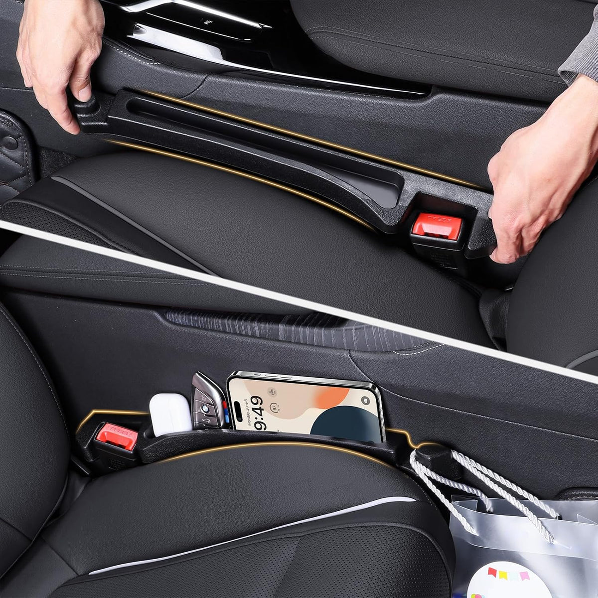 Car Seat Gap Filler Multifunctional Seat Side Gap Filler with Organizer and Hook Function, Universal SUV Truck Fill the Gap between Seat and Console to Prevent Items from Falling Set of 2 (Black)