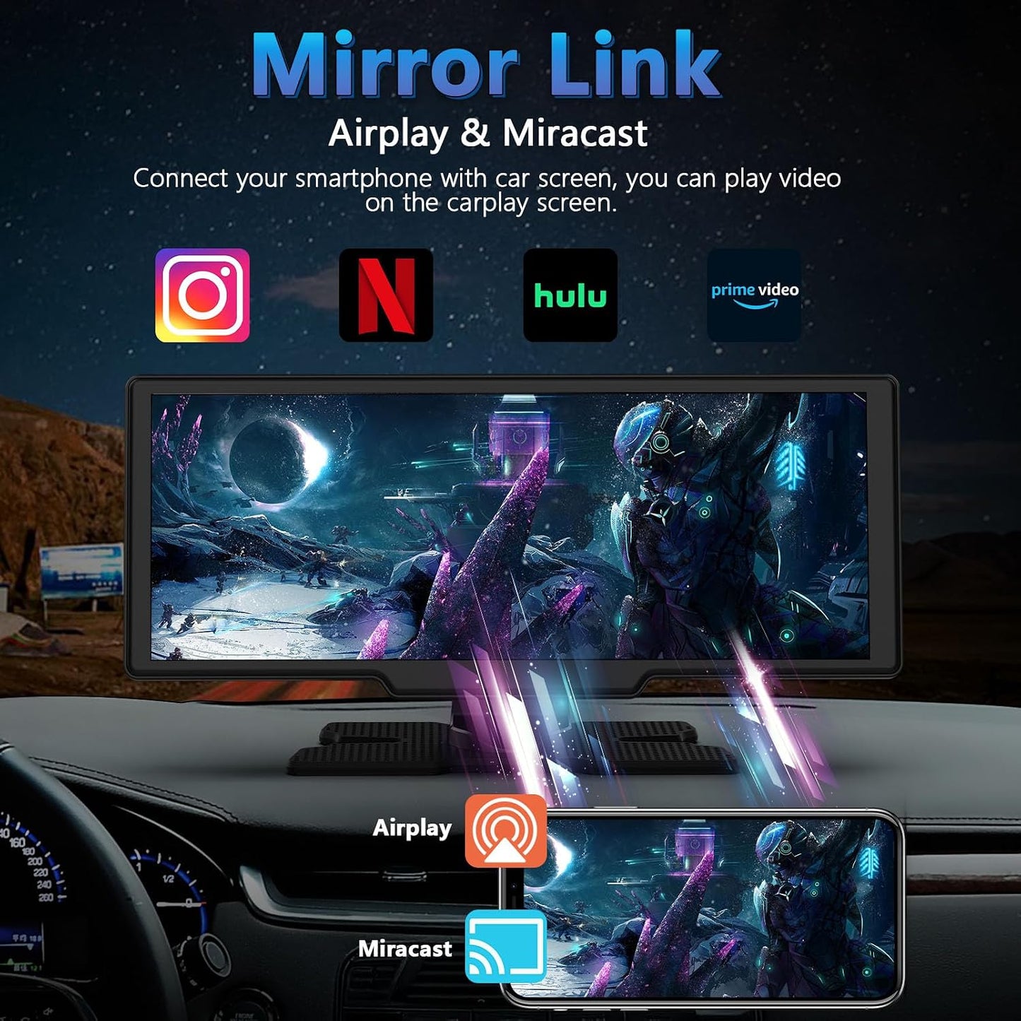 Portable Wireless Carplay Screen with Dashcam - Lehwey 10.26 Inch Car Play Tablet with 4K Front Dash Cam & 1080P Rearview Backup Camera, Bluetooth 5.0, FM, Voice Assistant, with 64GB TF Card