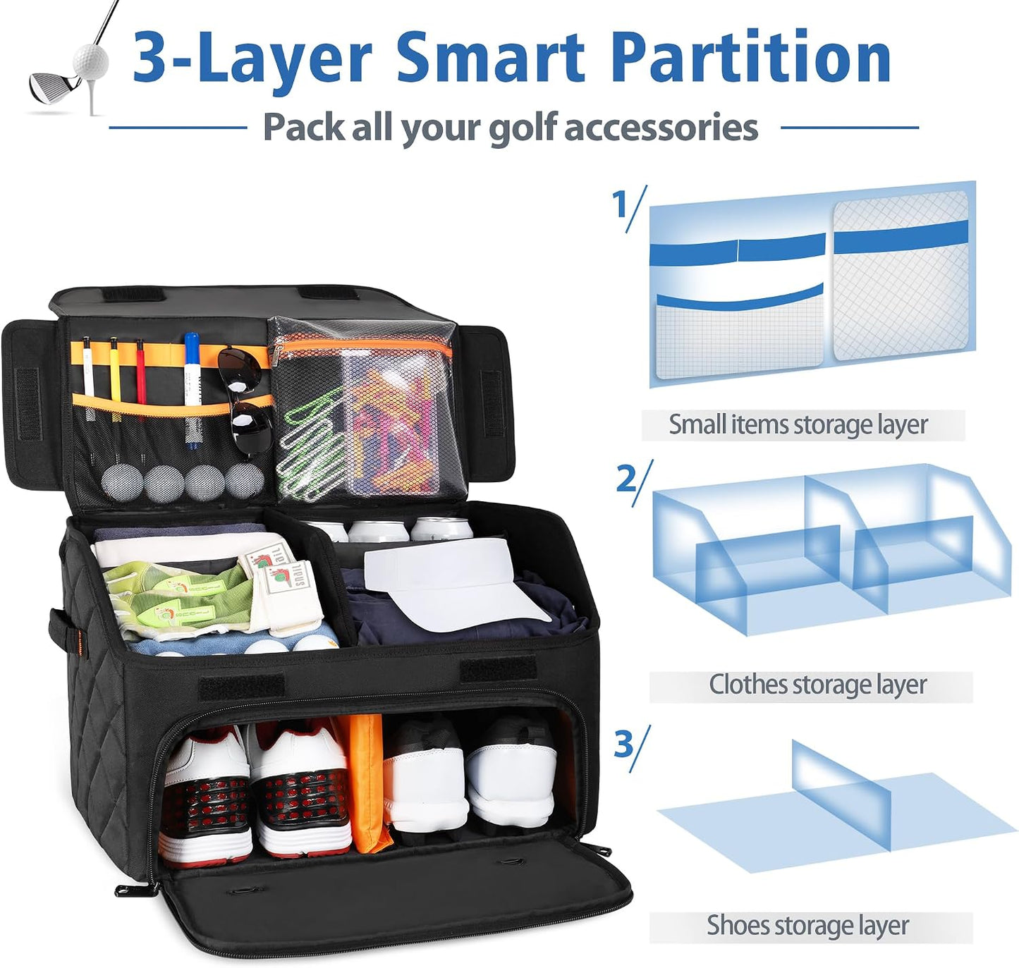 PGmoon Upgraded Golf Trunk Organizer, Golf Car Organizer with Separate Ventilated Compartment for 2 Pair Shoes, Golf Storage with Multi-Compartment for Golf Accessories, Gifts for Golfers