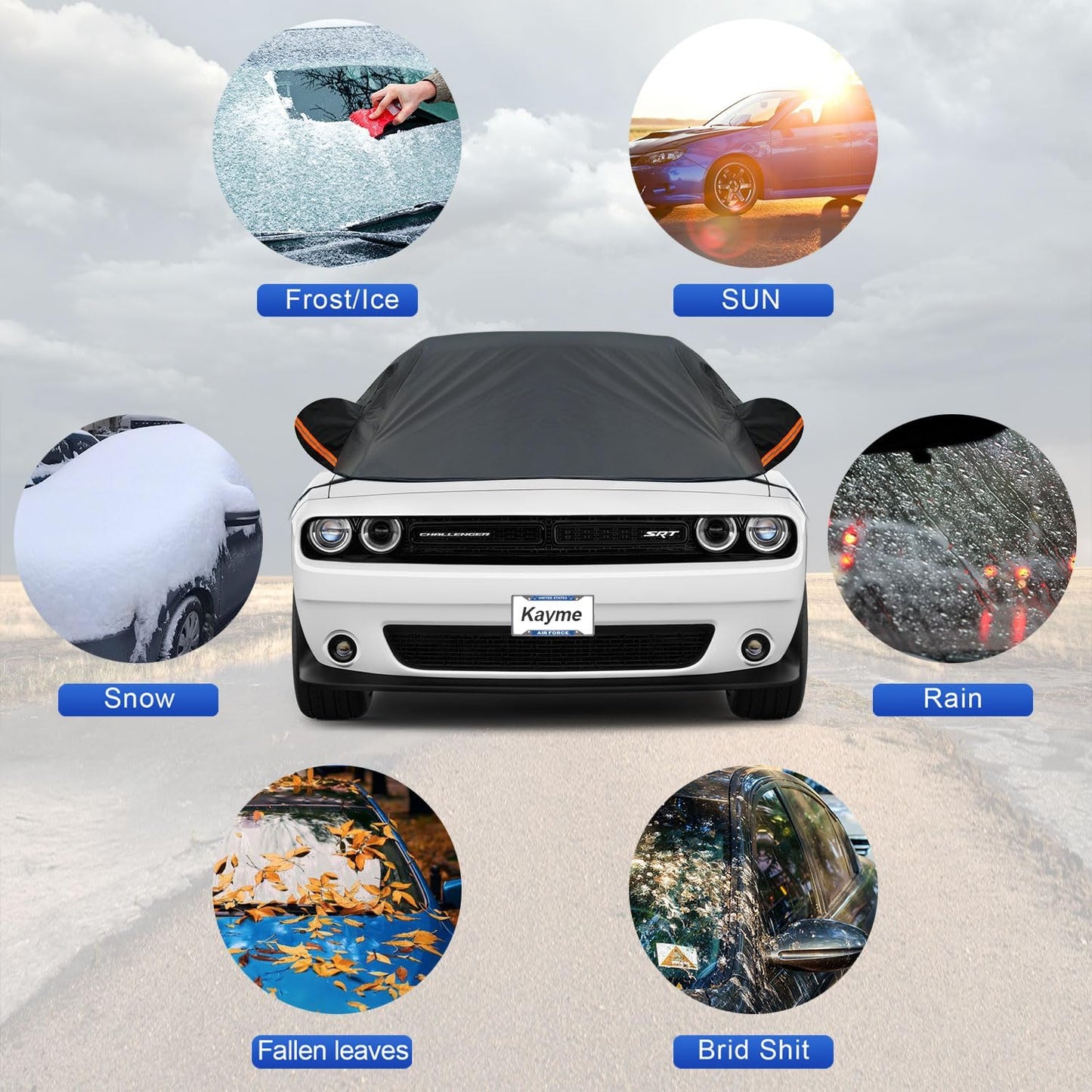 Kayme Half Car Cover, Windshield Cover for Ice and Snow Top with Reflective Straps, Roof Cover Waterproof All Weather Dust, Sun Protection. Front Rear Window Cover Fit Sedan. 3L (UP to 127'')