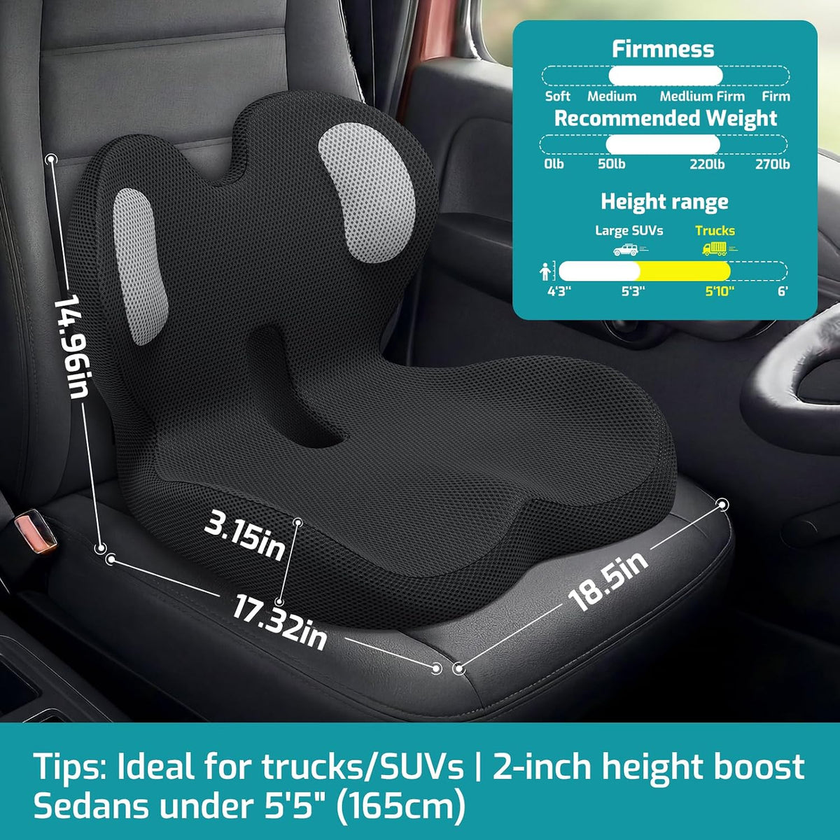 Trucker Seat Cushion, 3" Thick Car Seat Cushions with Lumbar Support Pillow