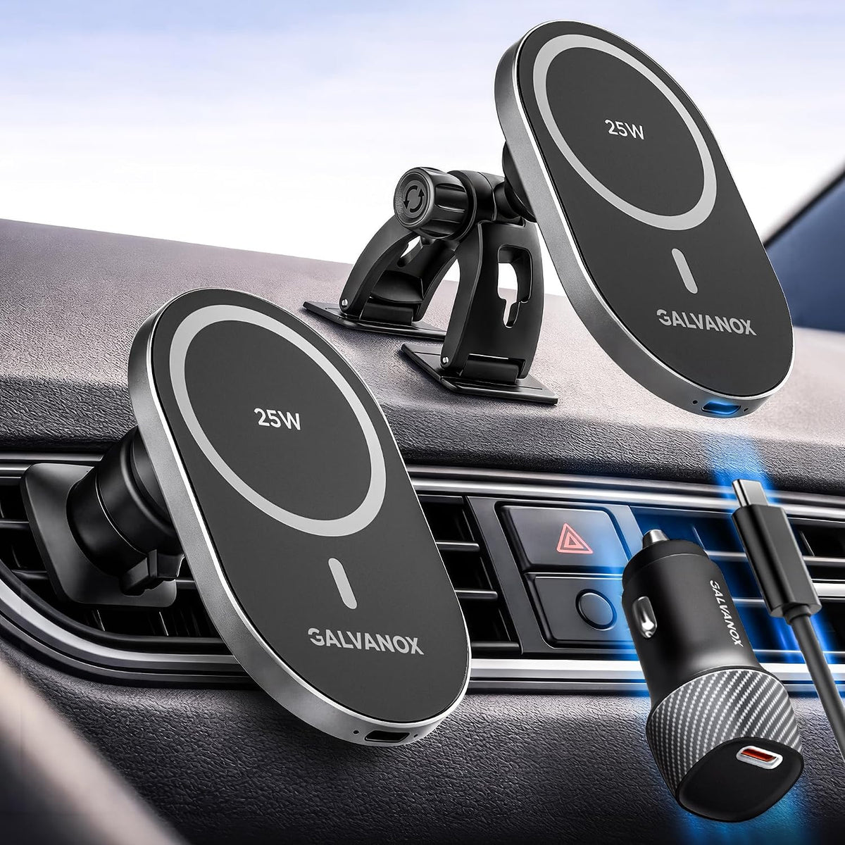 Galvanox Magnetic Wireless Car Charger Mount for Samsung Galaxy Phones, 25W Fast Charging (Compatible with MagSafe), Dashboard & Vent Phone Holder with 45W USB-C Adapter