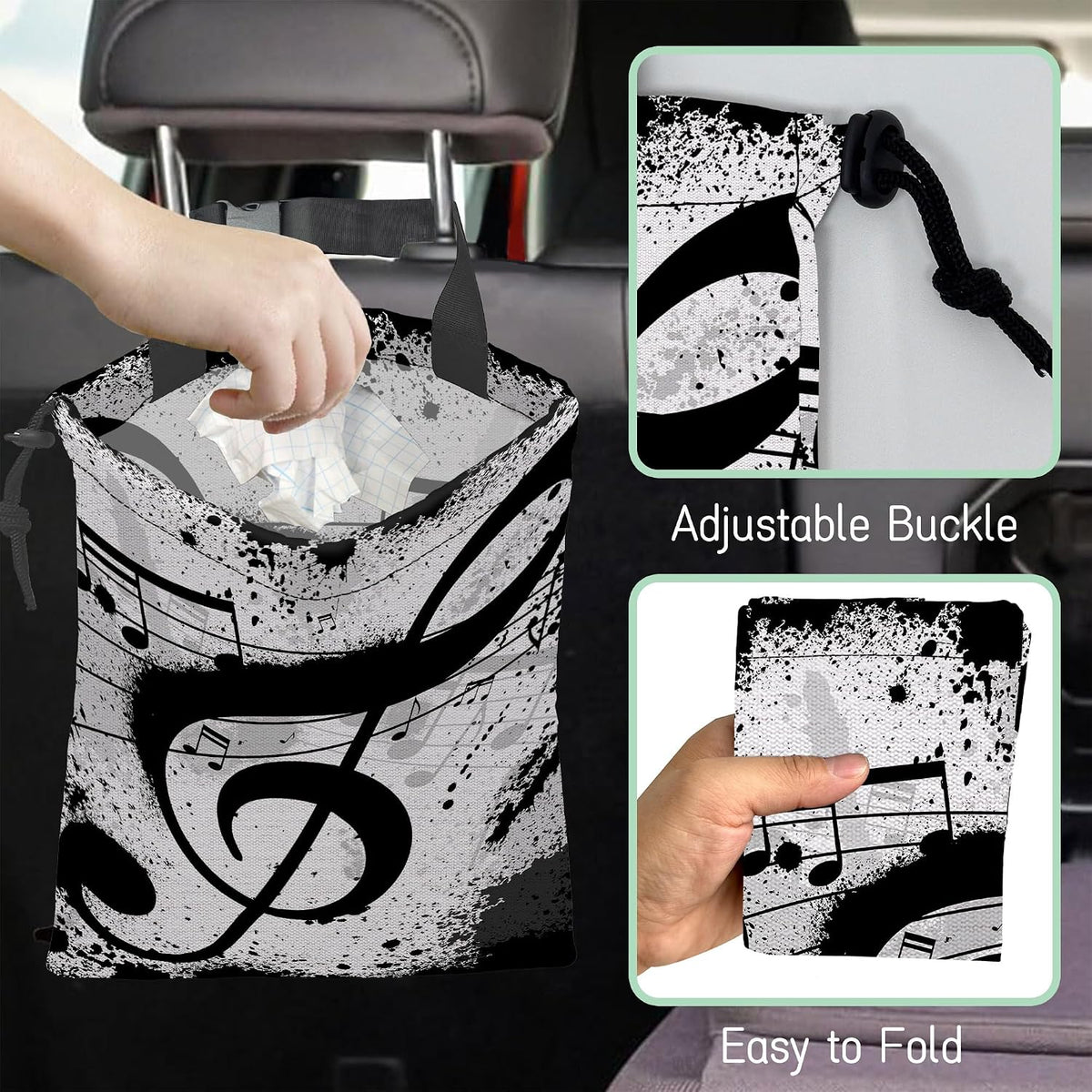 Music Notes Car Garbage Bag,Waterproof Small Car Trash Bag Hanging Back of Seat,Drawstring Hanging Car Trash Bag with Adjustable Buckle for Car Accessories