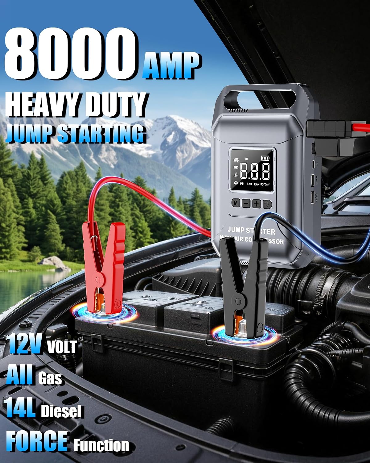 Car Battery Jump Starter with Air Compressor Portable 8000A 160PSI