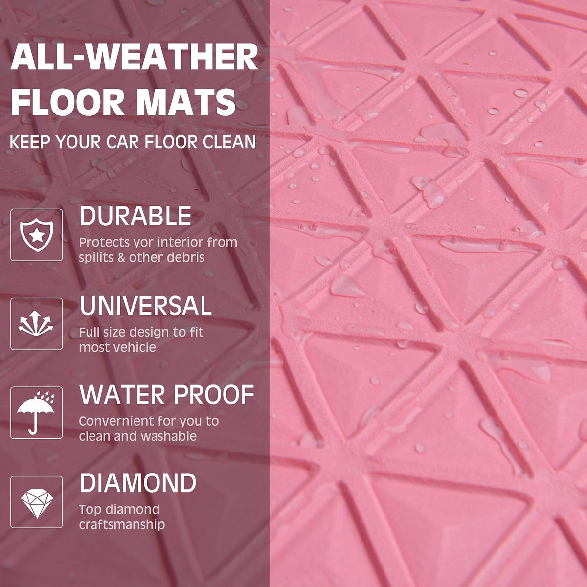 CAR PASS Bling Diamond Car Mats Rubber Floor Mats Full Set Anti-Slip 3D Rhombus Waterproof Trim to Fit Liner Universal Glitter Crystal Sparkly Shining Rhinestone Girl Women SUV Sedan Van, Pink Rubber
